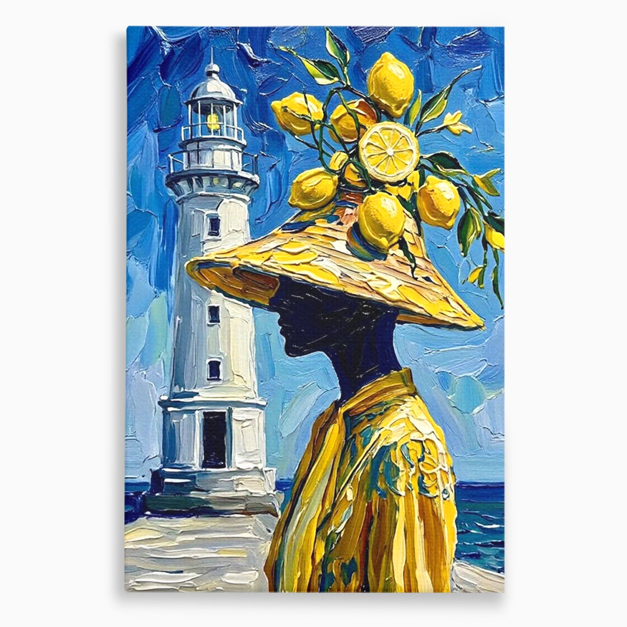 Tablou Canvas Premium LuxCanva® PI1357, Lamai sub Cerul Albastru, Femeie, Lamai, Far, Mare, Palarie, Amalfi, Culori Vibrante, Living, Dormitor, Bucatarie