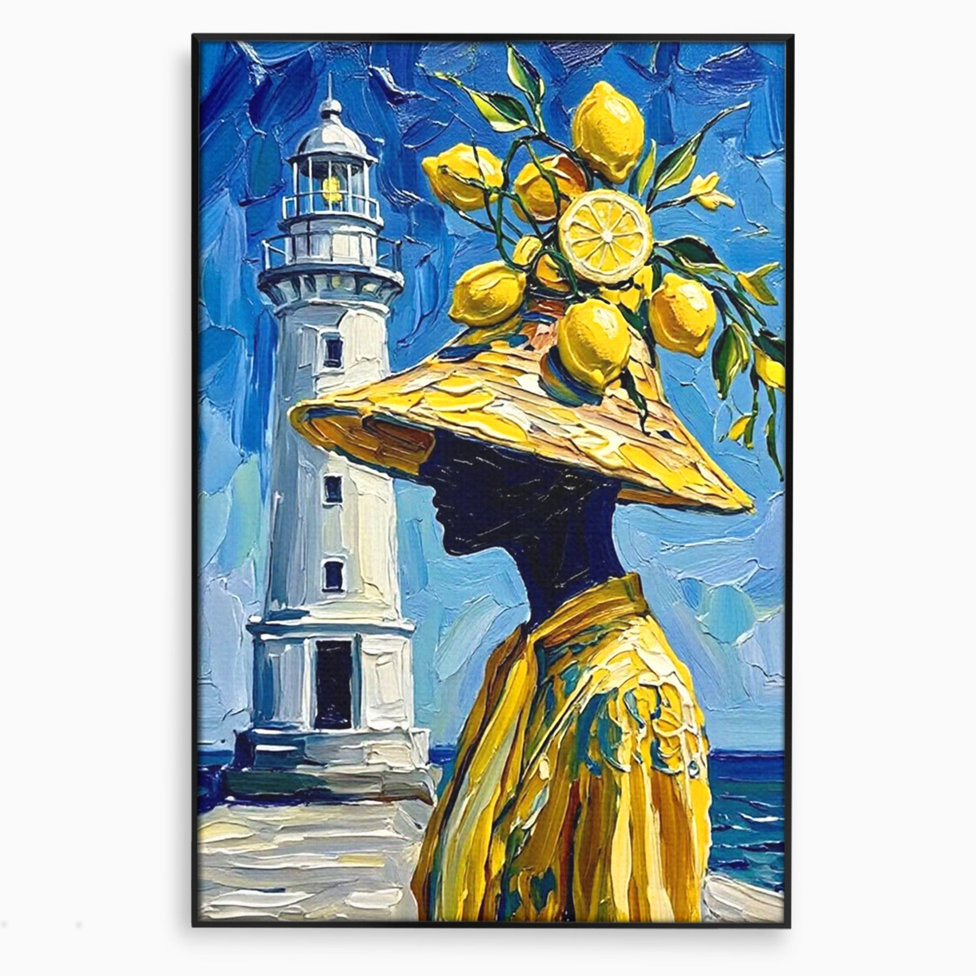 Tablou Canvas Premium LuxCanva® PI1357, Lamai sub Cerul Albastru, Femeie, Lamai, Far, Mare, Palarie, Amalfi, Culori Vibrante, Living, Dormitor, Bucatarie