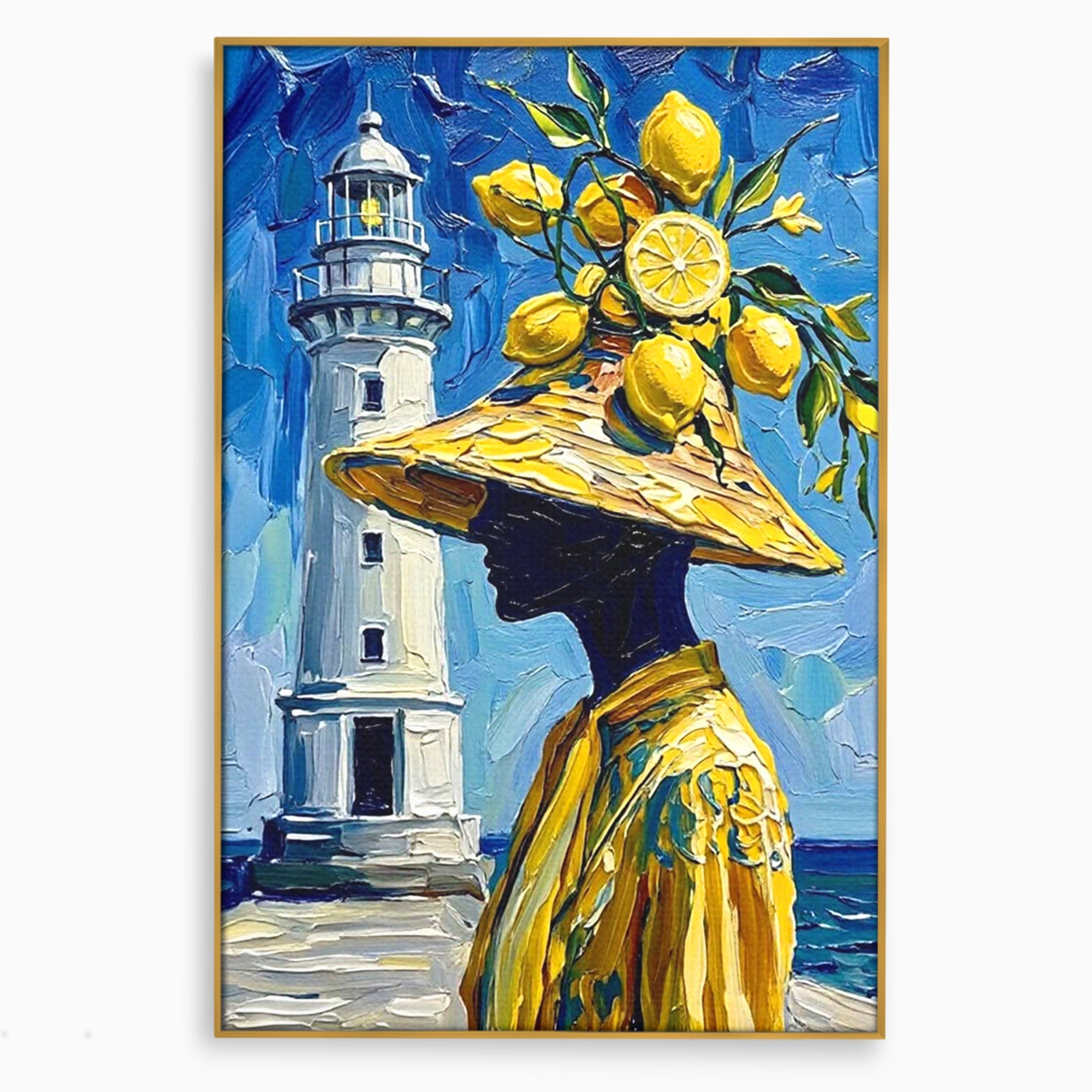 Tablou Canvas Premium LuxCanva® PI1357, Lamai sub Cerul Albastru, Femeie, Lamai, Far, Mare, Palarie, Amalfi, Culori Vibrante, Living, Dormitor, Bucatarie
