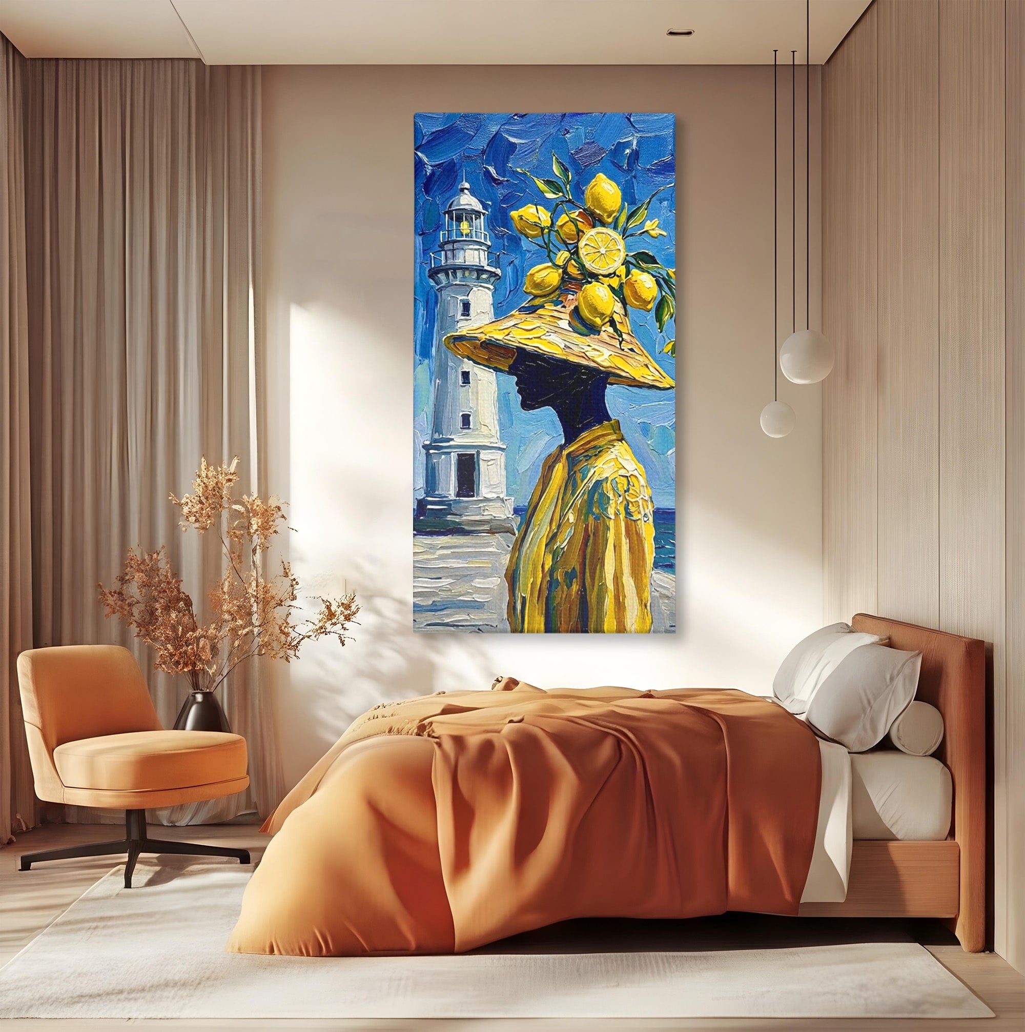 Tablou Canvas Premium LuxCanva® PI1357, Lamai sub Cerul Albastru, Femeie, Lamai, Far, Mare, Palarie, Amalfi, Culori Vibrante, Living, Dormitor, Bucatarie