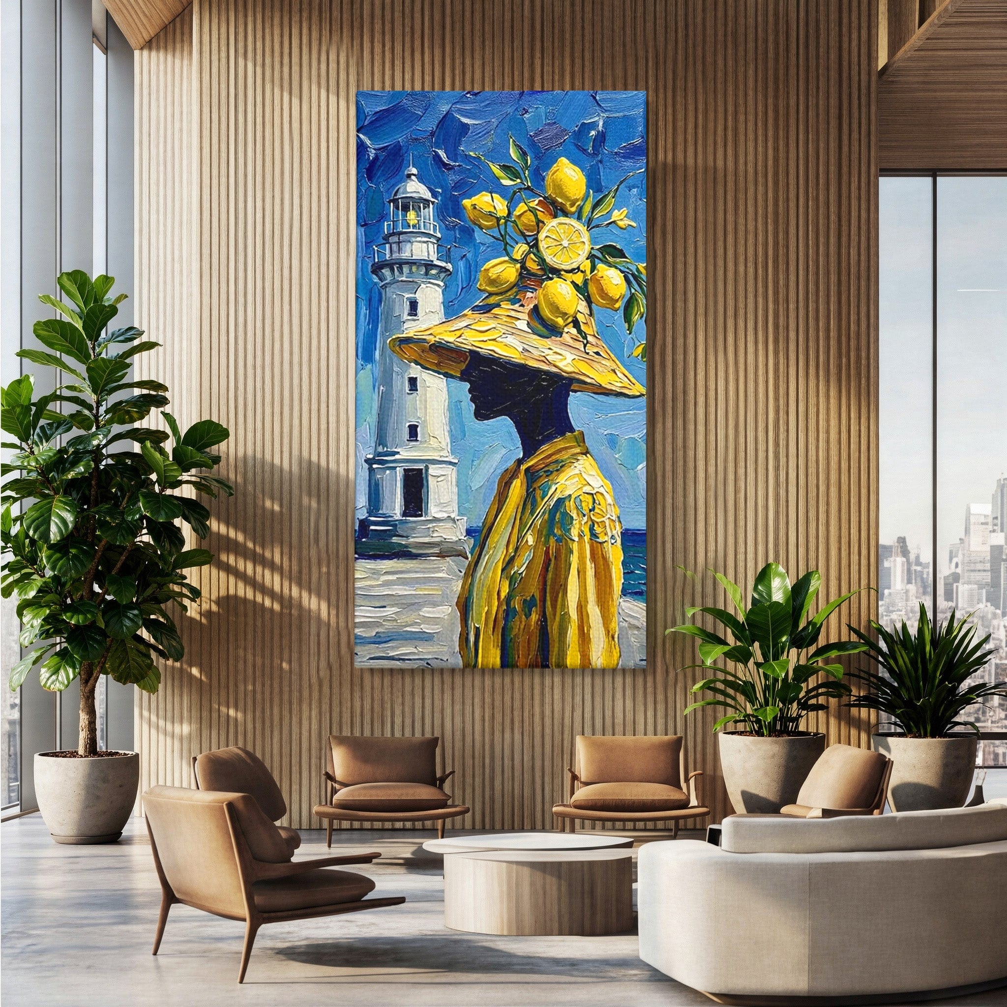 Tablou Canvas Premium LuxCanva® PI1357, Lamai sub Cerul Albastru, Femeie, Lamai, Far, Mare, Palarie, Amalfi, Culori Vibrante, Living, Dormitor, Bucatarie