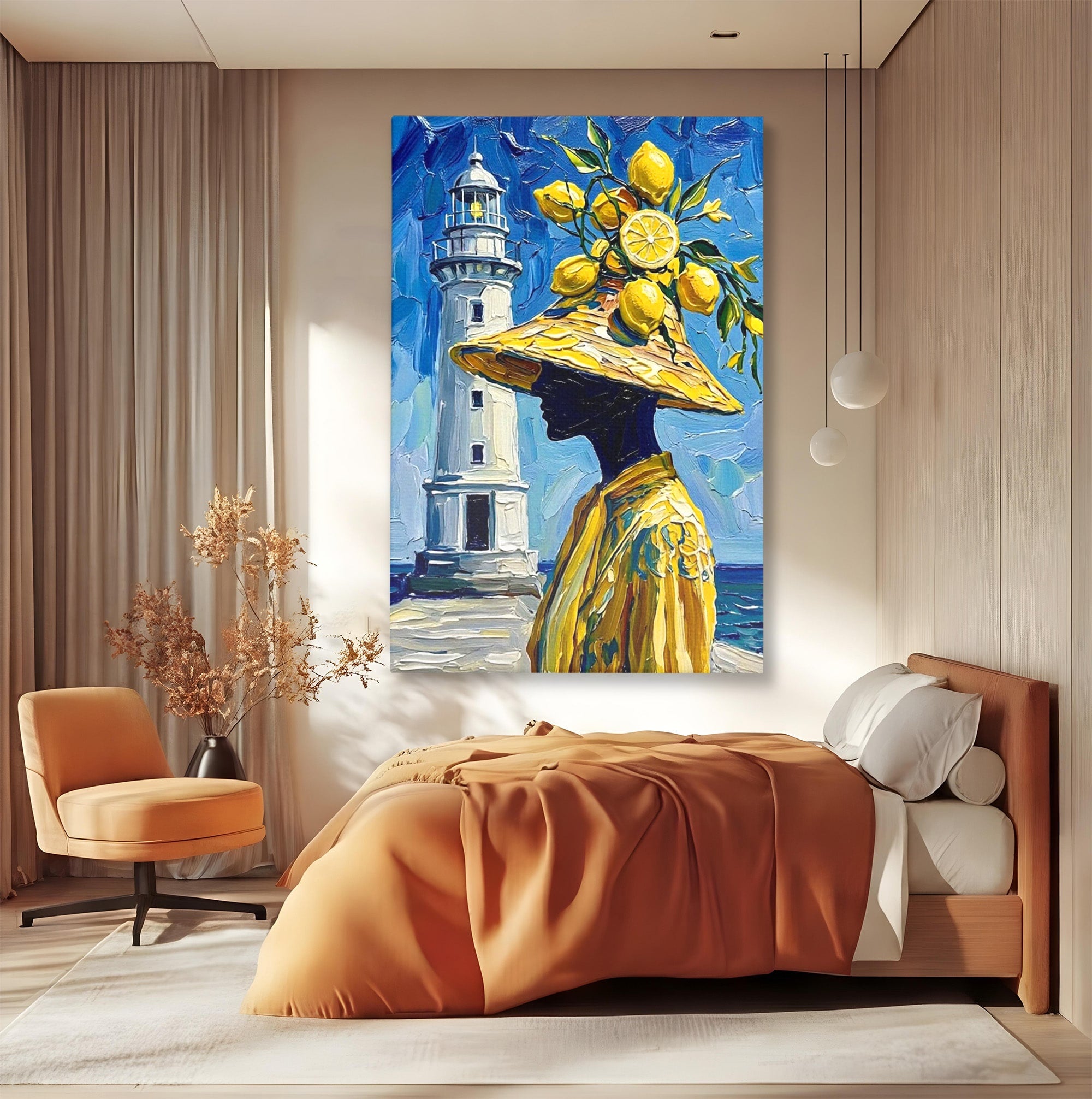 Tablou Canvas Premium LuxCanva® PI1357, Lamai sub Cerul Albastru, Femeie, Lamai, Far, Mare, Palarie, Amalfi, Culori Vibrante, Living, Dormitor, Bucatarie