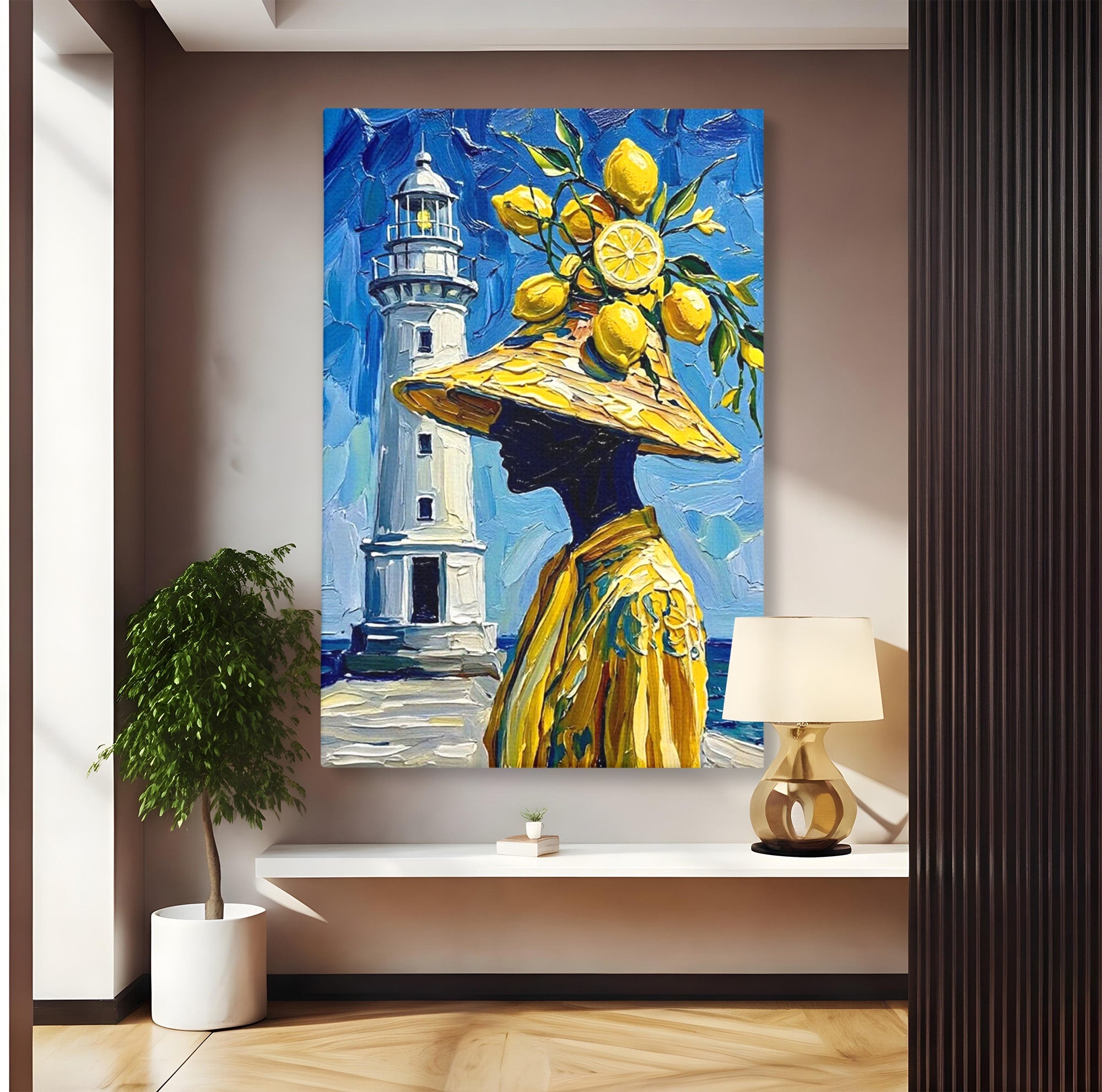 Tablou Canvas Premium LuxCanva® PI1357, Lamai sub Cerul Albastru, Femeie, Lamai, Far, Mare, Palarie, Amalfi, Culori Vibrante, Living, Dormitor, Bucatarie