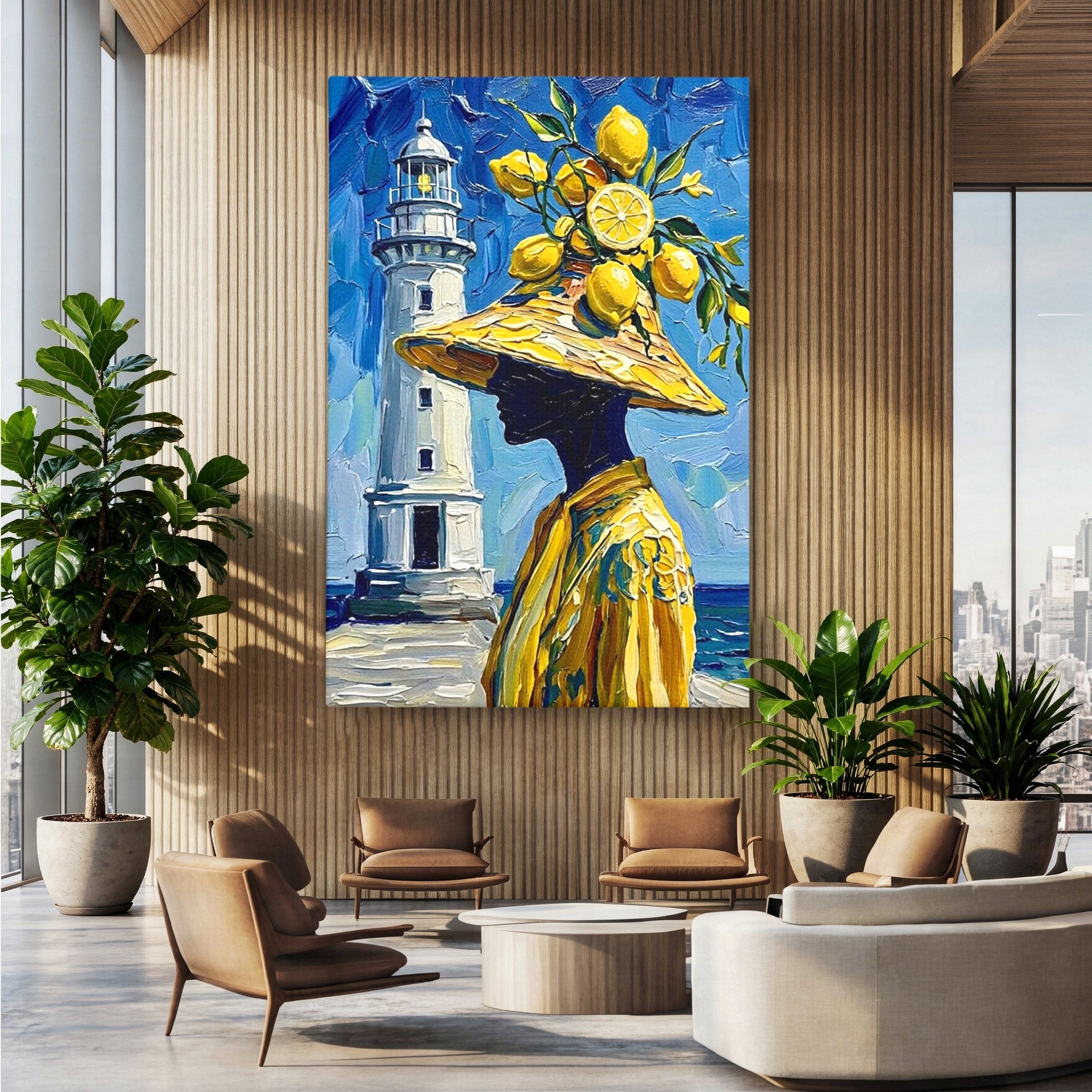 Tablou Canvas Premium LuxCanva® PI1357, Lamai sub Cerul Albastru, Femeie, Lamai, Far, Mare, Palarie, Amalfi, Culori Vibrante, Living, Dormitor, Bucatarie