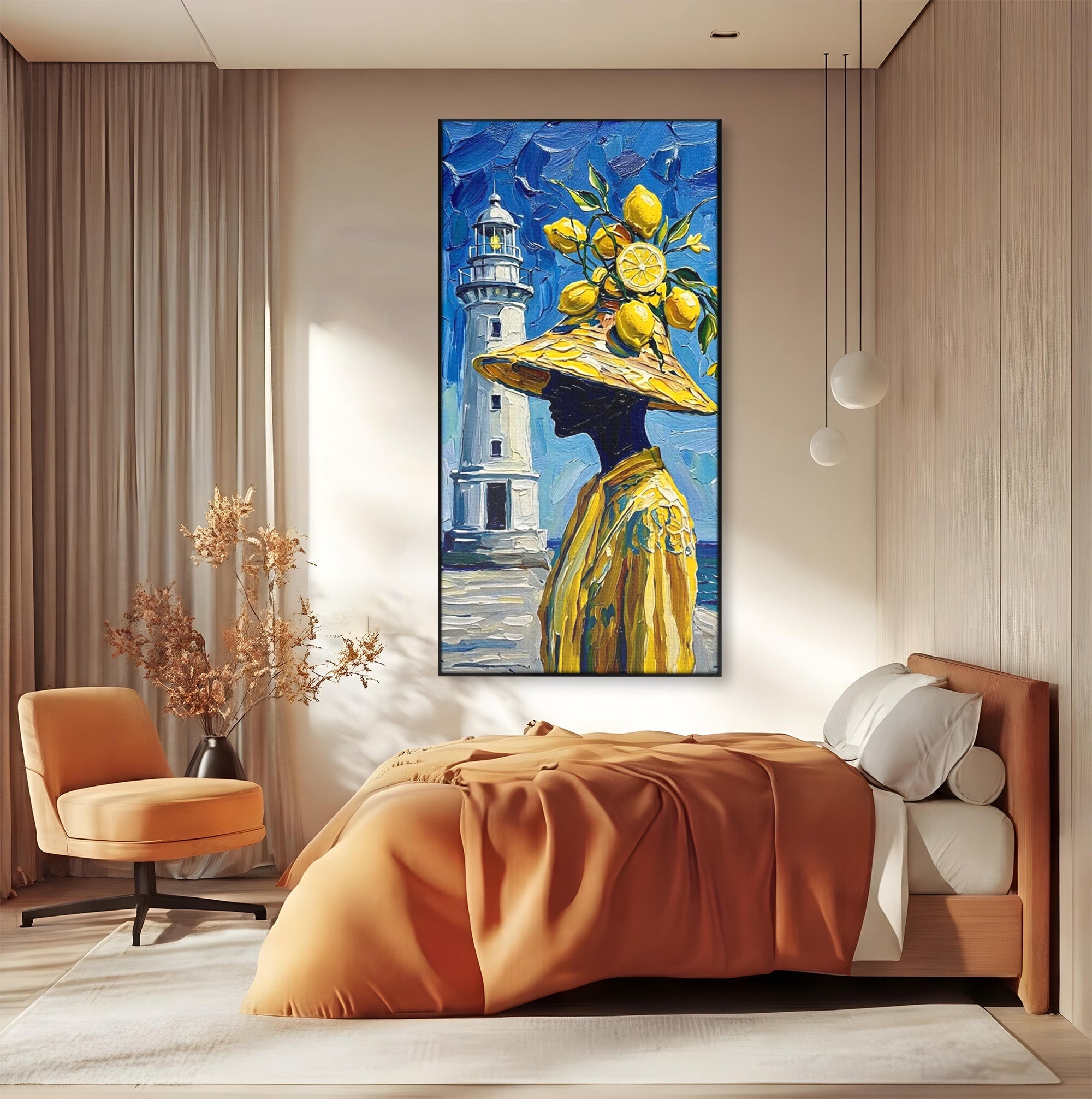 Tablou Canvas Premium LuxCanva® PI1357, Lamai sub Cerul Albastru, Femeie, Lamai, Far, Mare, Palarie, Amalfi, Culori Vibrante, Living, Dormitor, Bucatarie