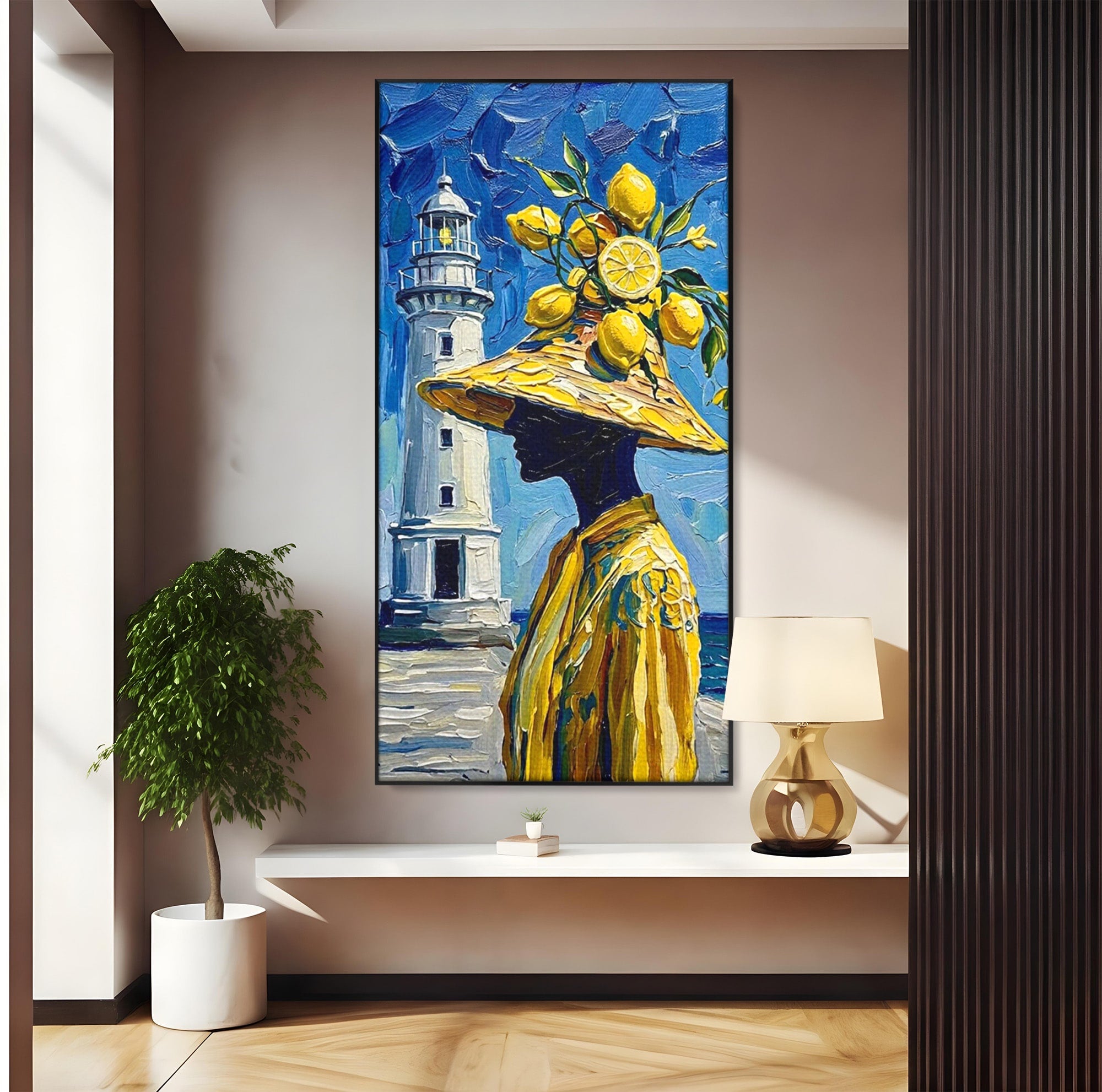 Tablou Canvas Premium LuxCanva® PI1357, Lamai sub Cerul Albastru, Femeie, Lamai, Far, Mare, Palarie, Amalfi, Culori Vibrante, Living, Dormitor, Bucatarie