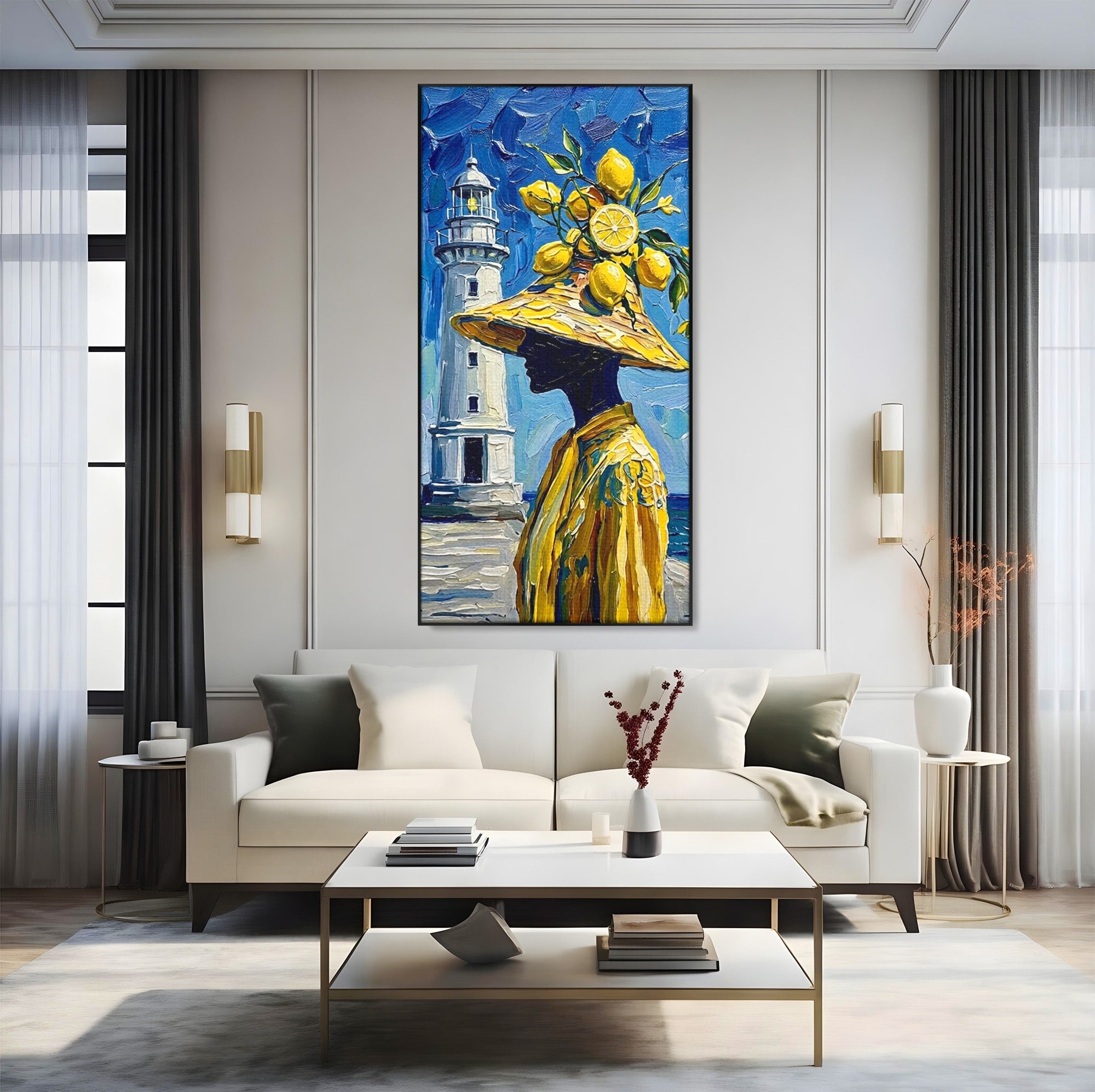 Tablou Canvas Premium LuxCanva® PI1357, Lamai sub Cerul Albastru, Femeie, Lamai, Far, Mare, Palarie, Amalfi, Culori Vibrante, Living, Dormitor, Bucatarie