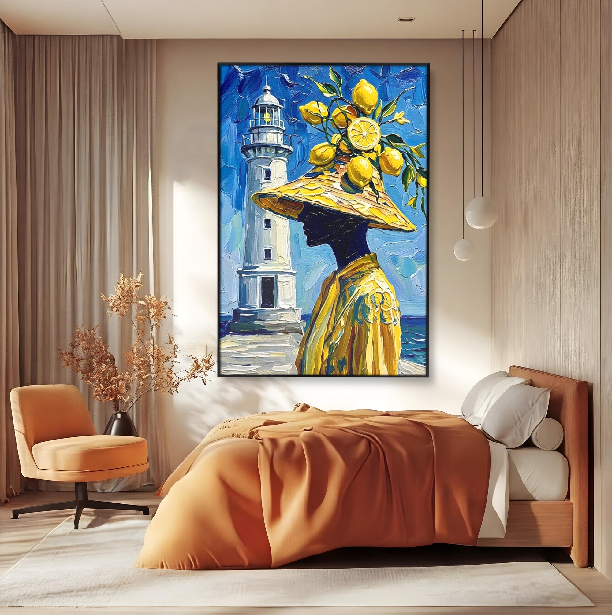 Tablou Canvas Premium LuxCanva® PI1357, Lamai sub Cerul Albastru, Femeie, Lamai, Far, Mare, Palarie, Amalfi, Culori Vibrante, Living, Dormitor, Bucatarie