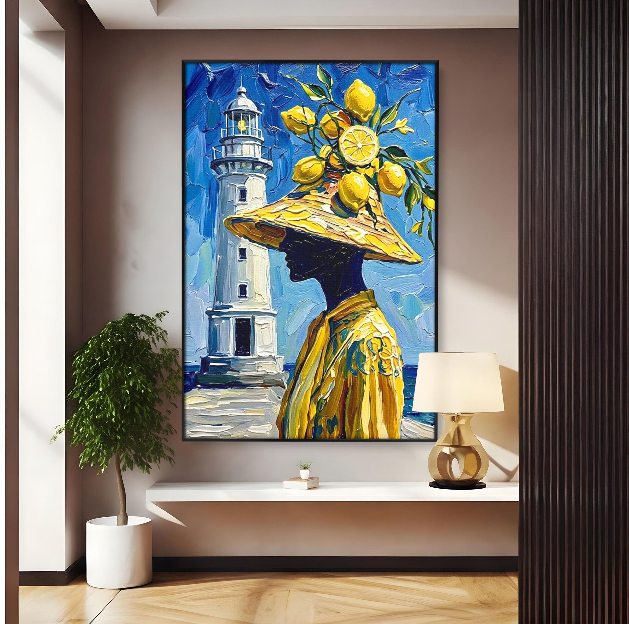 Tablou Canvas Premium LuxCanva® PI1357, Lamai sub Cerul Albastru, Femeie, Lamai, Far, Mare, Palarie, Amalfi, Culori Vibrante, Living, Dormitor, Bucatarie