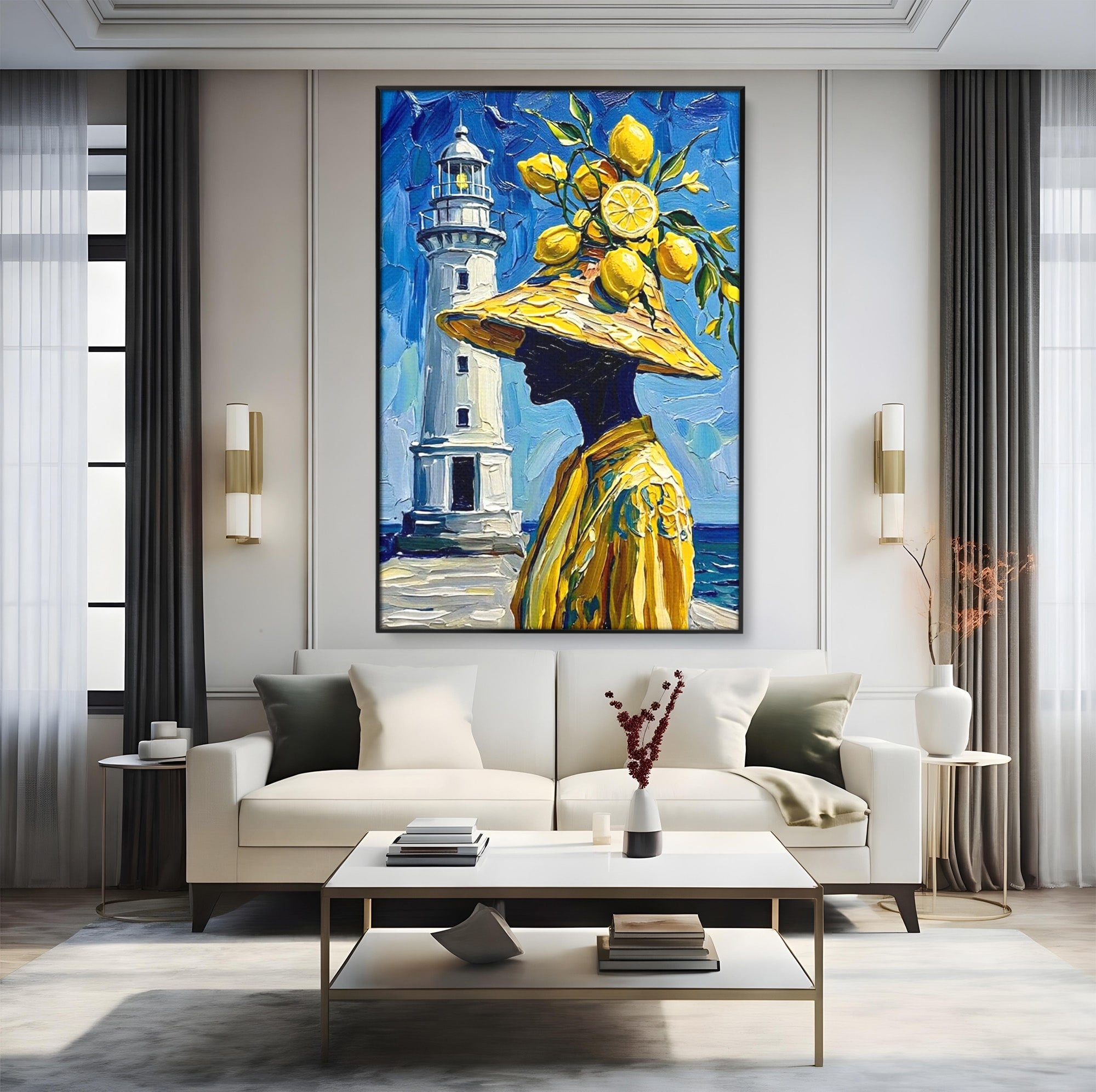 Tablou Canvas Premium LuxCanva® PI1357, Lamai sub Cerul Albastru, Femeie, Lamai, Far, Mare, Palarie, Amalfi, Culori Vibrante, Living, Dormitor, Bucatarie