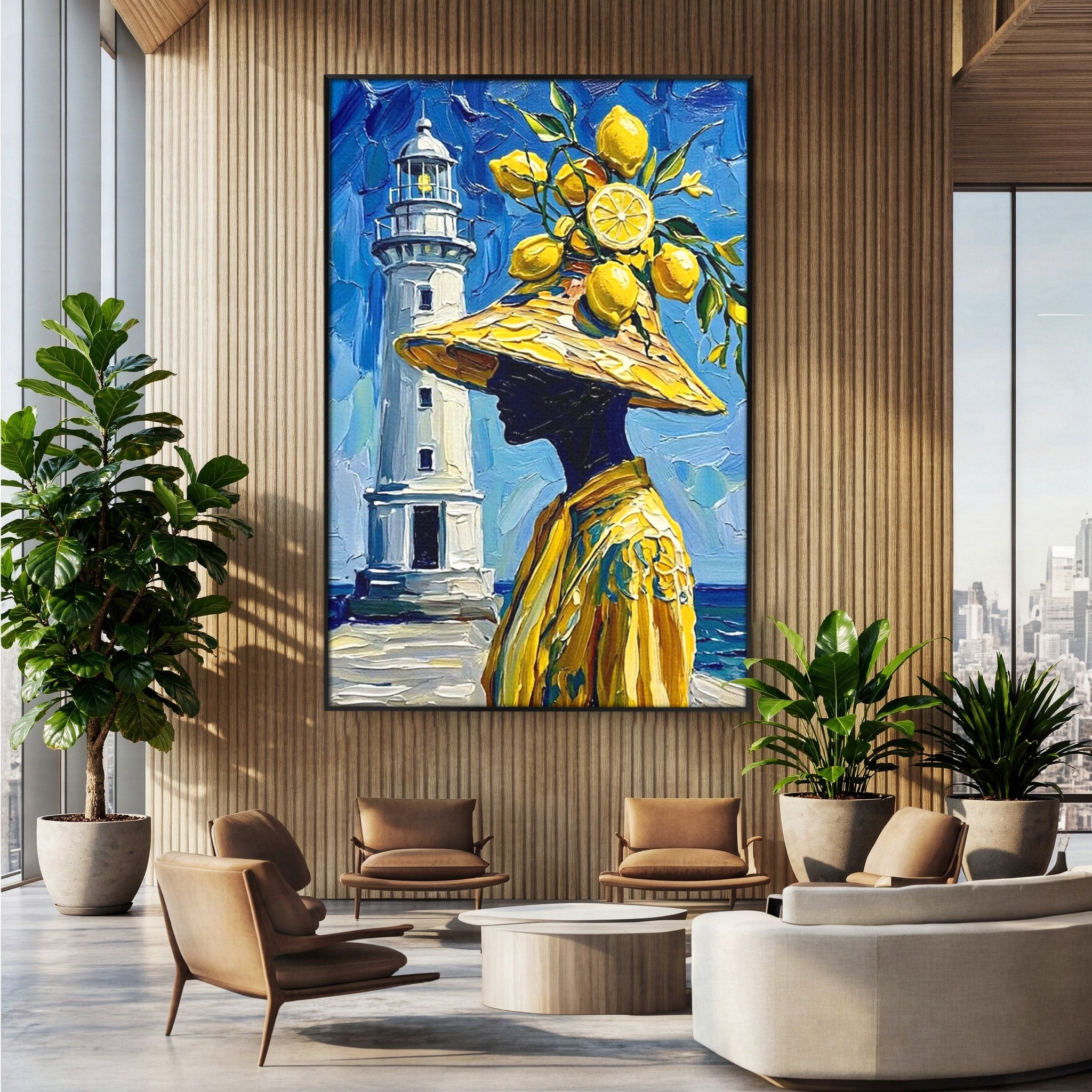 Tablou Canvas Premium LuxCanva® PI1357, Lamai sub Cerul Albastru, Femeie, Lamai, Far, Mare, Palarie, Amalfi, Culori Vibrante, Living, Dormitor, Bucatarie