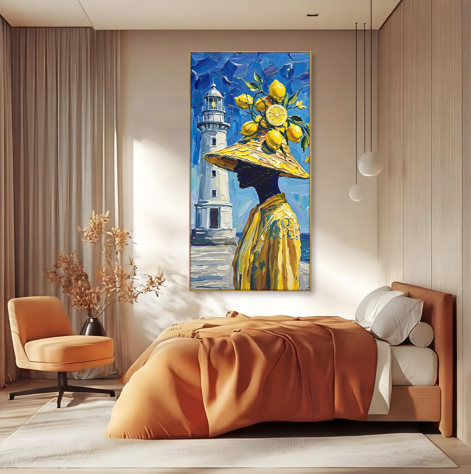 Tablou Canvas Premium LuxCanva® PI1357, Lamai sub Cerul Albastru, Femeie, Lamai, Far, Mare, Palarie, Amalfi, Culori Vibrante, Living, Dormitor, Bucatarie
