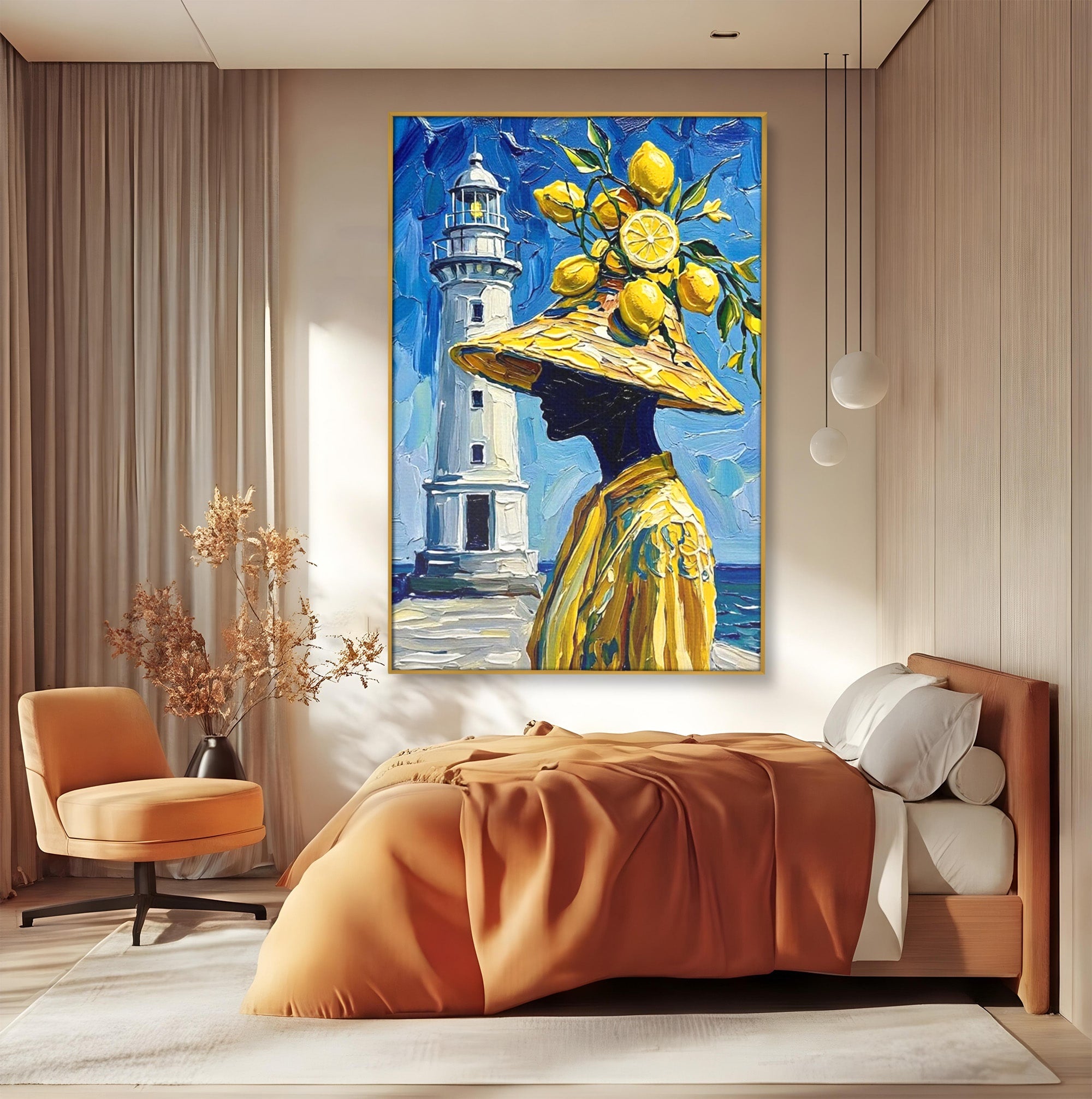 Tablou Canvas Premium LuxCanva® PI1357, Lamai sub Cerul Albastru, Femeie, Lamai, Far, Mare, Palarie, Amalfi, Culori Vibrante, Living, Dormitor, Bucatarie