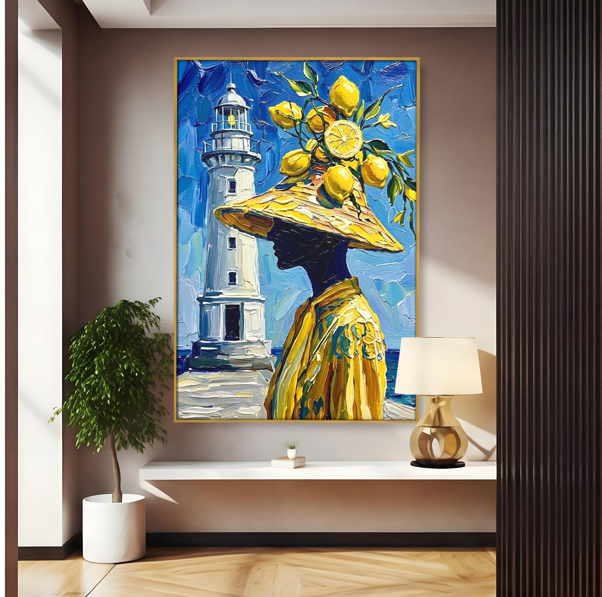 Tablou Canvas Premium LuxCanva® PI1357, Lamai sub Cerul Albastru, Femeie, Lamai, Far, Mare, Palarie, Amalfi, Culori Vibrante, Living, Dormitor, Bucatarie