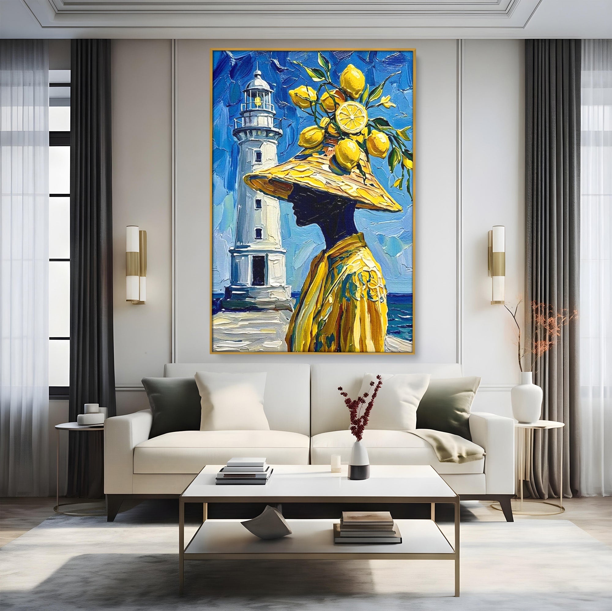 Tablou Canvas Premium LuxCanva® PI1357, Lamai sub Cerul Albastru, Femeie, Lamai, Far, Mare, Palarie, Amalfi, Culori Vibrante, Living, Dormitor, Bucatarie