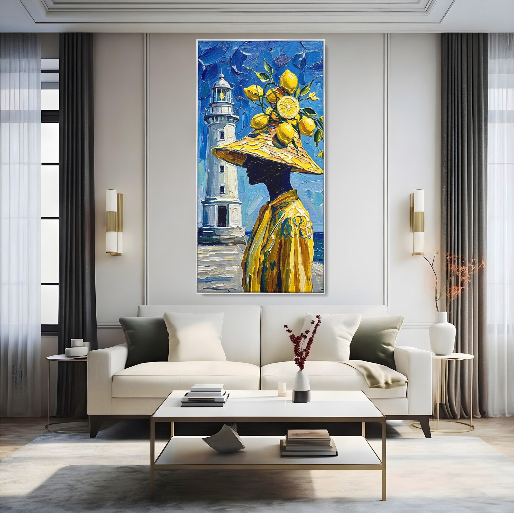 Tablou Canvas Premium LuxCanva® PI1357, Lamai sub Cerul Albastru, Femeie, Lamai, Far, Mare, Palarie, Amalfi, Culori Vibrante, Living, Dormitor, Bucatarie