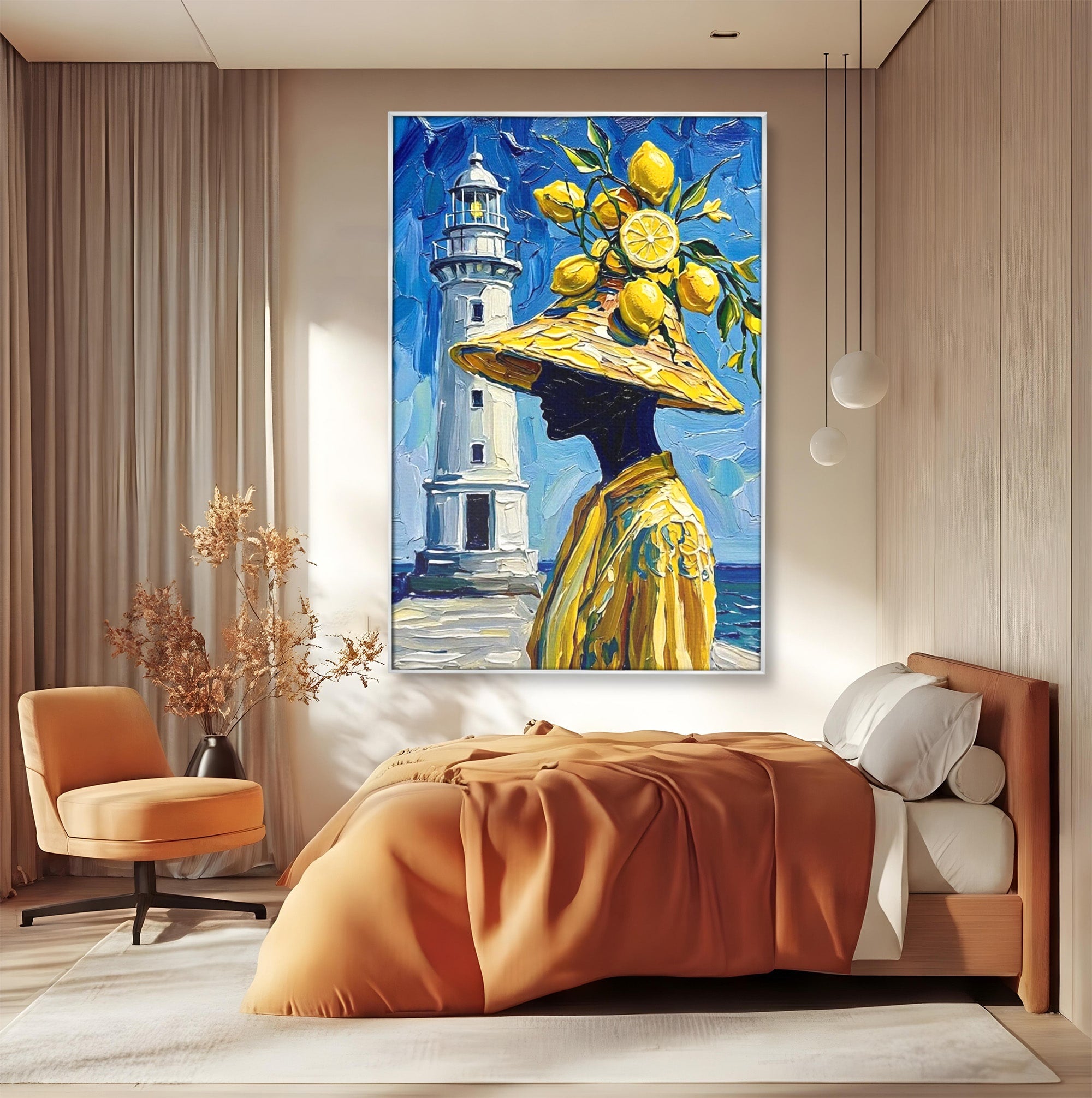Tablou Canvas Premium LuxCanva® PI1357, Lamai sub Cerul Albastru, Femeie, Lamai, Far, Mare, Palarie, Amalfi, Culori Vibrante, Living, Dormitor, Bucatarie