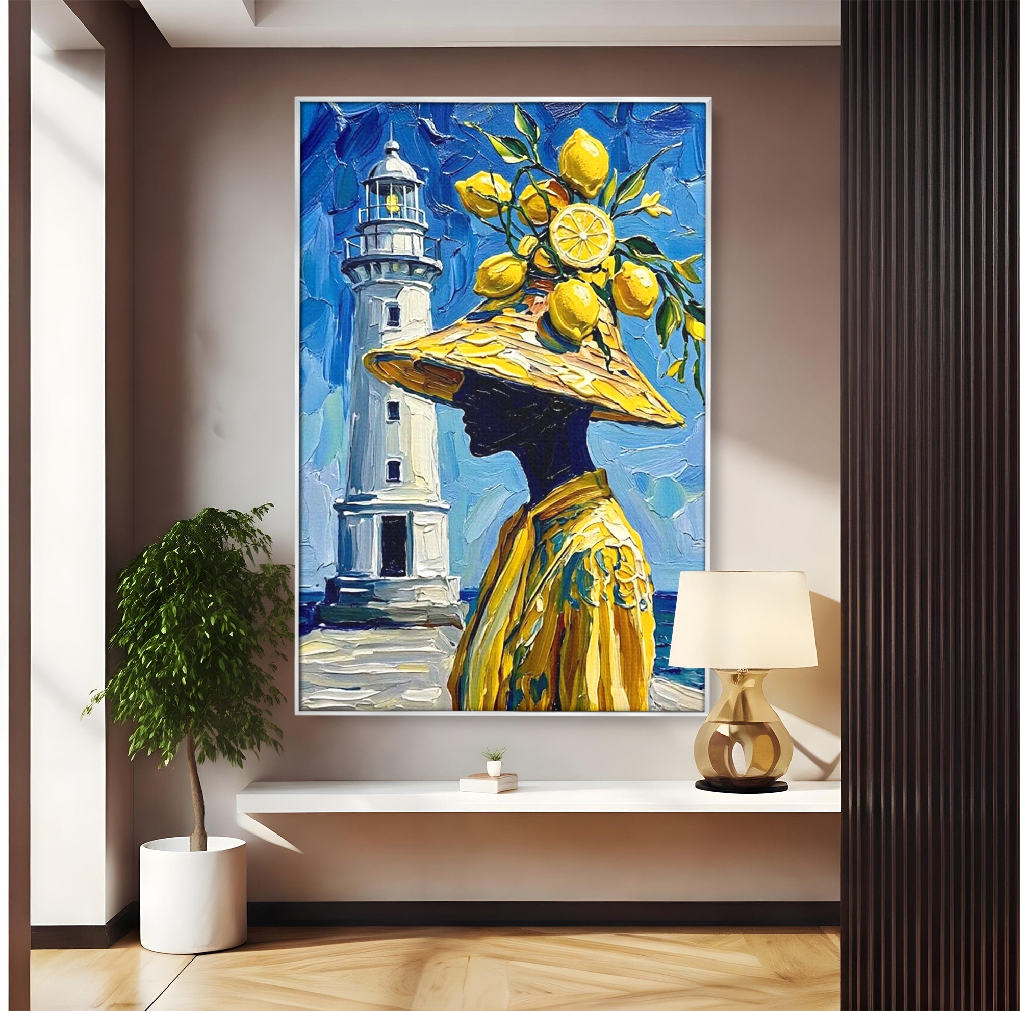 Tablou Canvas Premium LuxCanva® PI1357, Lamai sub Cerul Albastru, Femeie, Lamai, Far, Mare, Palarie, Amalfi, Culori Vibrante, Living, Dormitor, Bucatarie