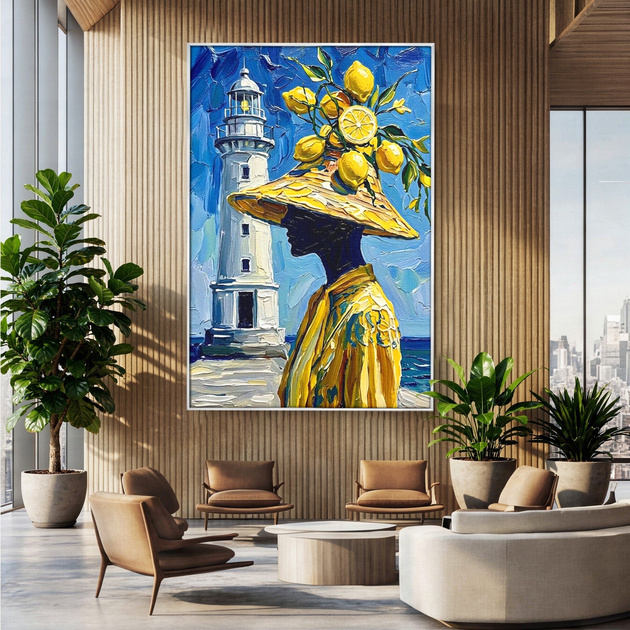 Tablou Canvas Premium LuxCanva® PI1357, Lamai sub Cerul Albastru, Femeie, Lamai, Far, Mare, Palarie, Amalfi, Culori Vibrante, Living, Dormitor, Bucatarie