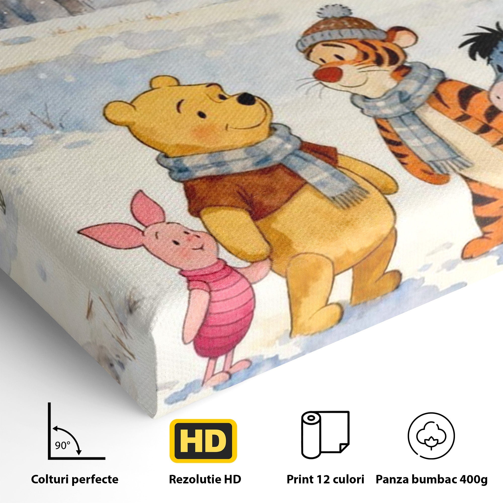 Tablou Canvas Premium LuxCanva® PI1358, Magia Iernii cu Winnie, Padure, Prietenie, Desene Animate, Natura, Copii, Culori Vibrante, Dormitor, Camera Copii