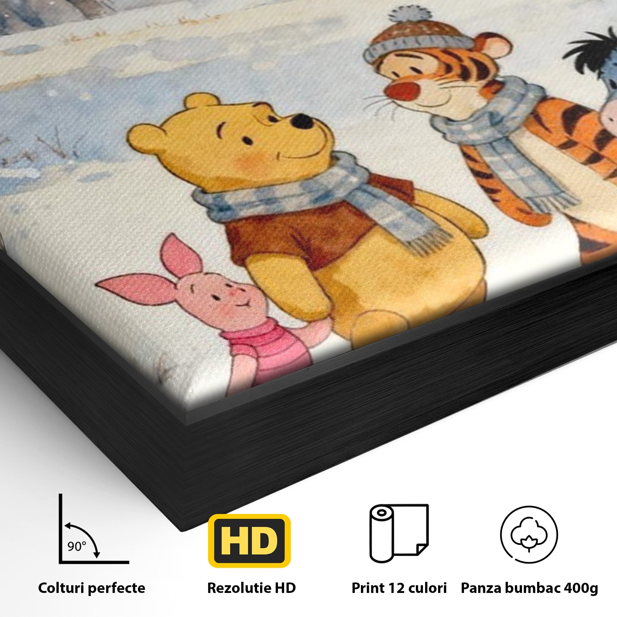 Tablou Canvas Premium LuxCanva® PI1358, Magia Iernii cu Winnie, Padure, Prietenie, Desene Animate, Natura, Copii, Culori Vibrante, Dormitor, Camera Copii