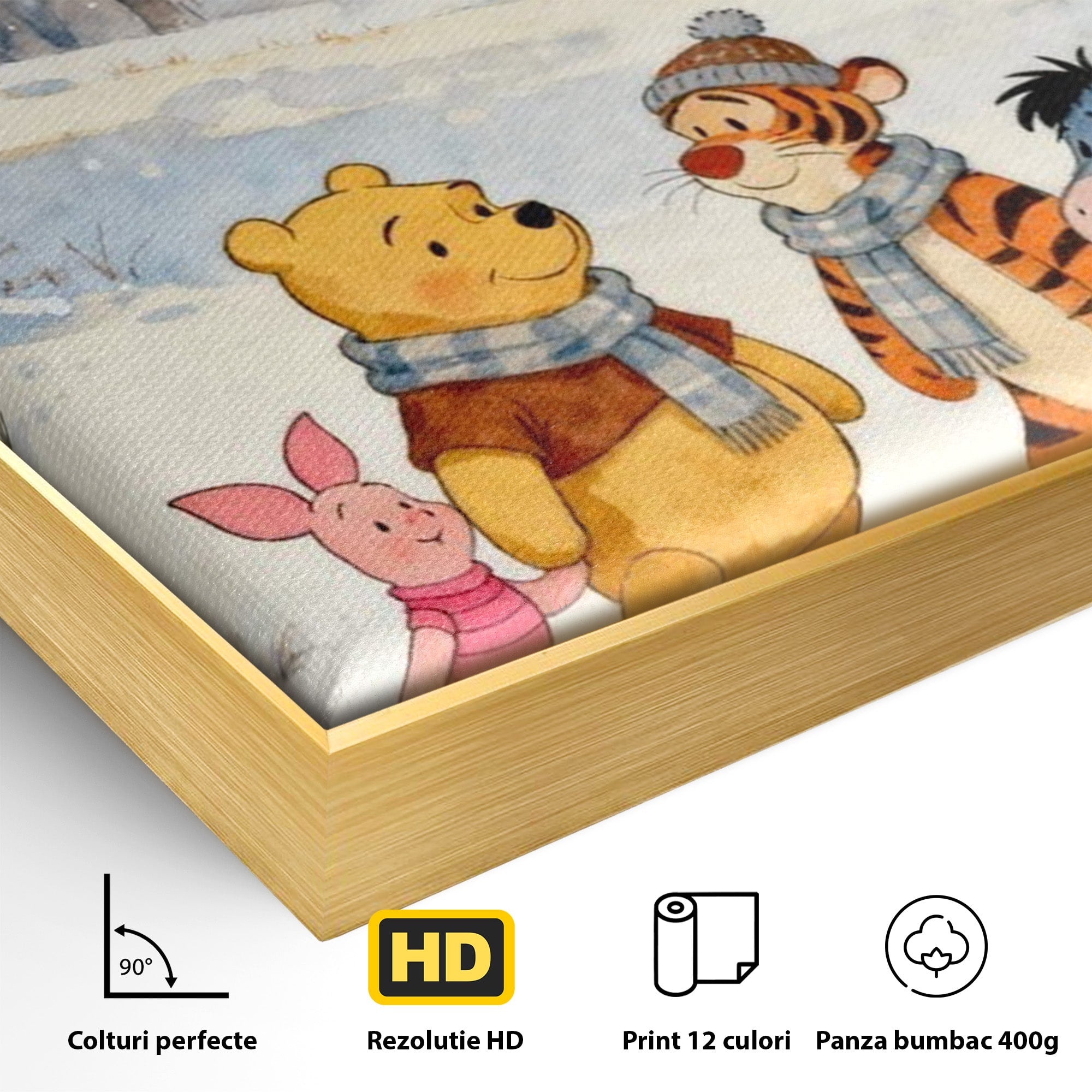 Tablou Canvas Premium LuxCanva® PI1358, Magia Iernii cu Winnie, Padure, Prietenie, Desene Animate, Natura, Copii, Culori Vibrante, Dormitor, Camera Copii