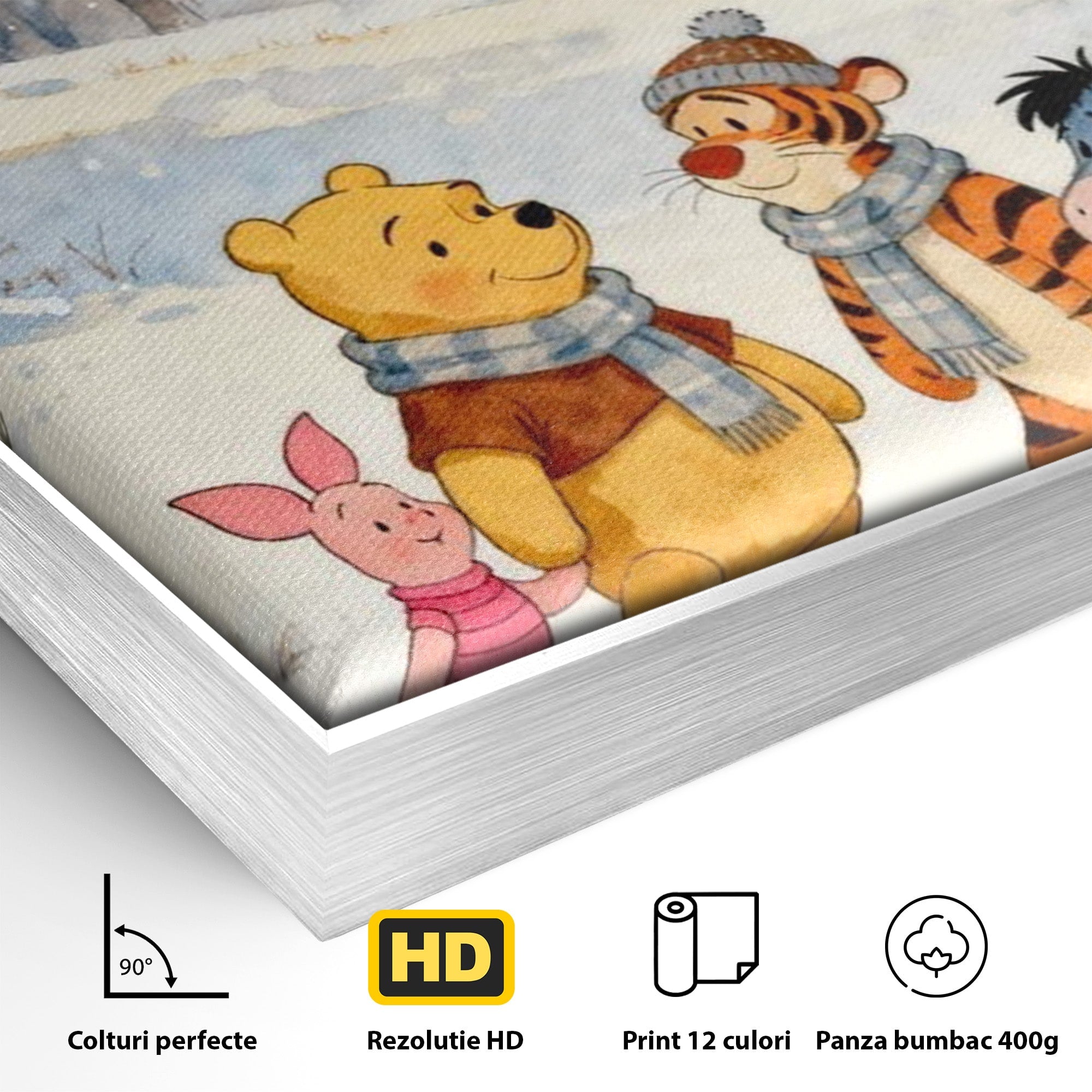 Tablou Canvas Premium LuxCanva® PI1358, Magia Iernii cu Winnie, Padure, Prietenie, Desene Animate, Natura, Copii, Culori Vibrante, Dormitor, Camera Copii