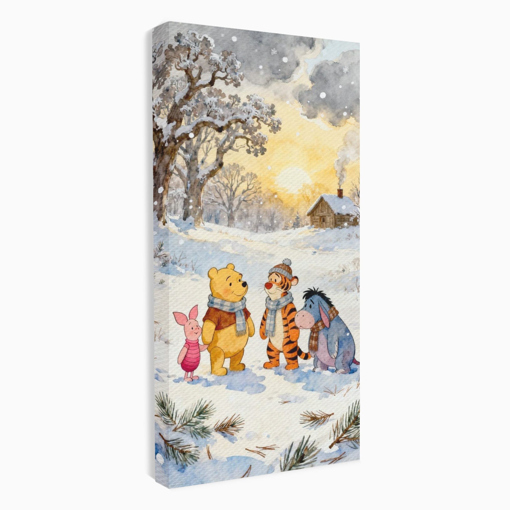 Tablou Canvas Premium LuxCanva® PI1358, Magia Iernii cu Winnie, Padure, Prietenie, Desene Animate, Natura, Copii, Culori Vibrante, Dormitor, Camera Copii