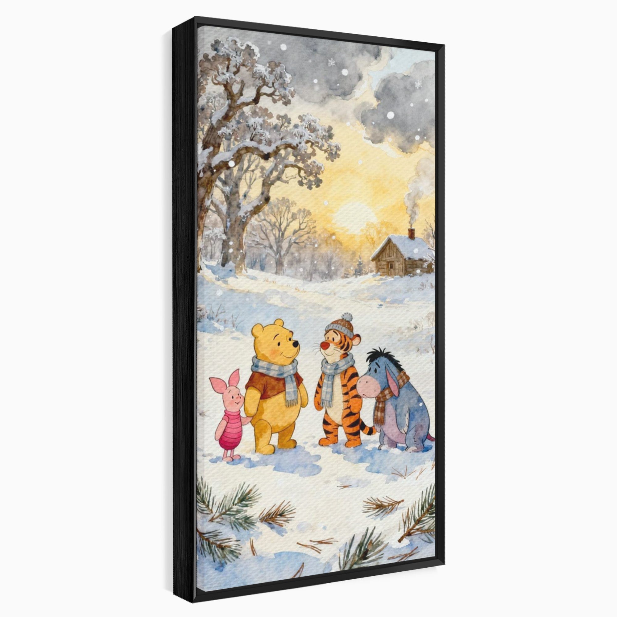Tablou Canvas Premium LuxCanva® PI1358, Magia Iernii cu Winnie, Padure, Prietenie, Desene Animate, Natura, Copii, Culori Vibrante, Dormitor, Camera Copii