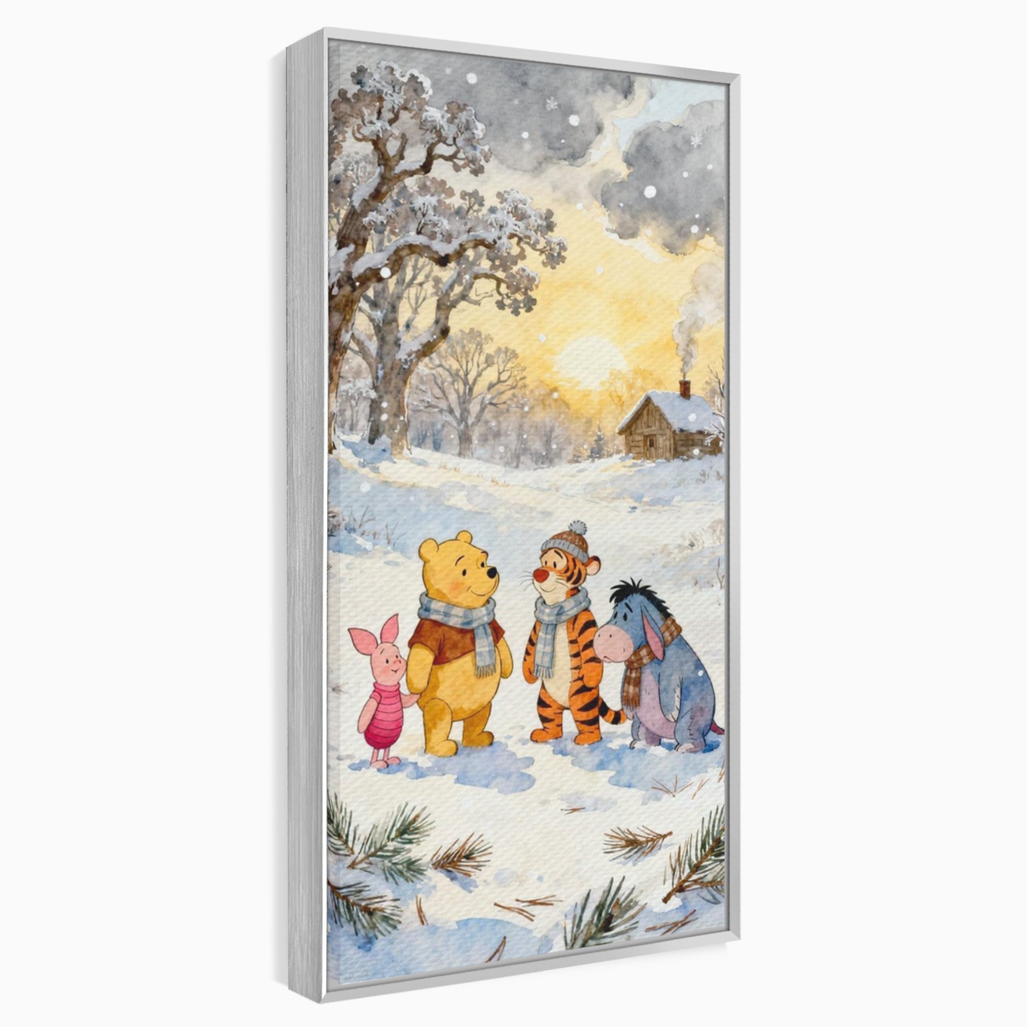 Tablou Canvas Premium LuxCanva® PI1358, Magia Iernii cu Winnie, Padure, Prietenie, Desene Animate, Natura, Copii, Culori Vibrante, Dormitor, Camera Copii
