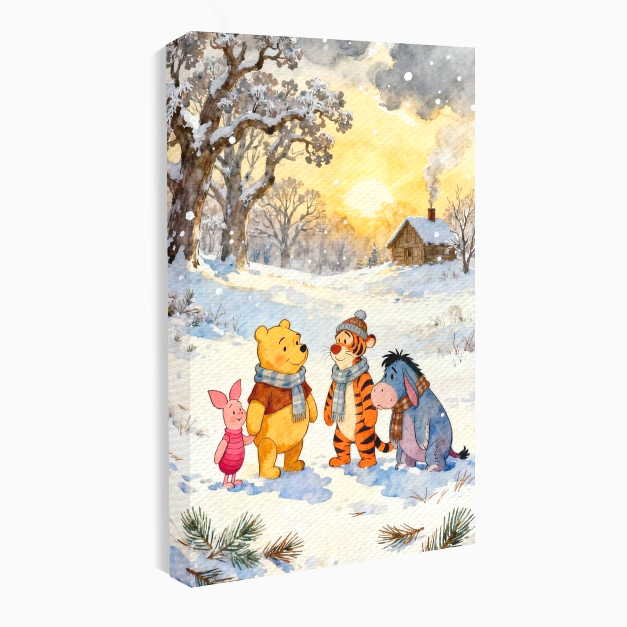 Tablou Canvas Premium LuxCanva® PI1358, Magia Iernii cu Winnie, Padure, Prietenie, Desene Animate, Natura, Copii, Culori Vibrante, Dormitor, Camera Copii