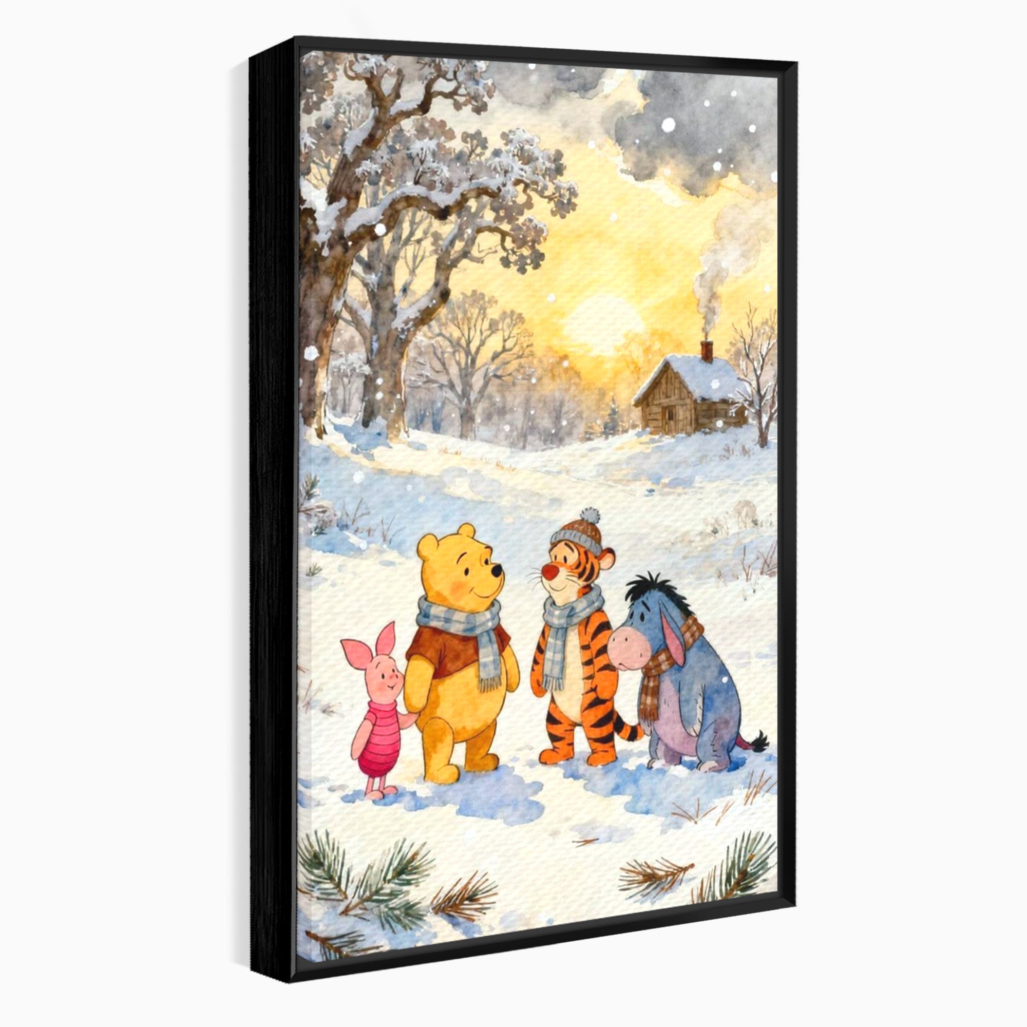 Tablou Canvas Premium LuxCanva® PI1358, Magia Iernii cu Winnie, Padure, Prietenie, Desene Animate, Natura, Copii, Culori Vibrante, Dormitor, Camera Copii