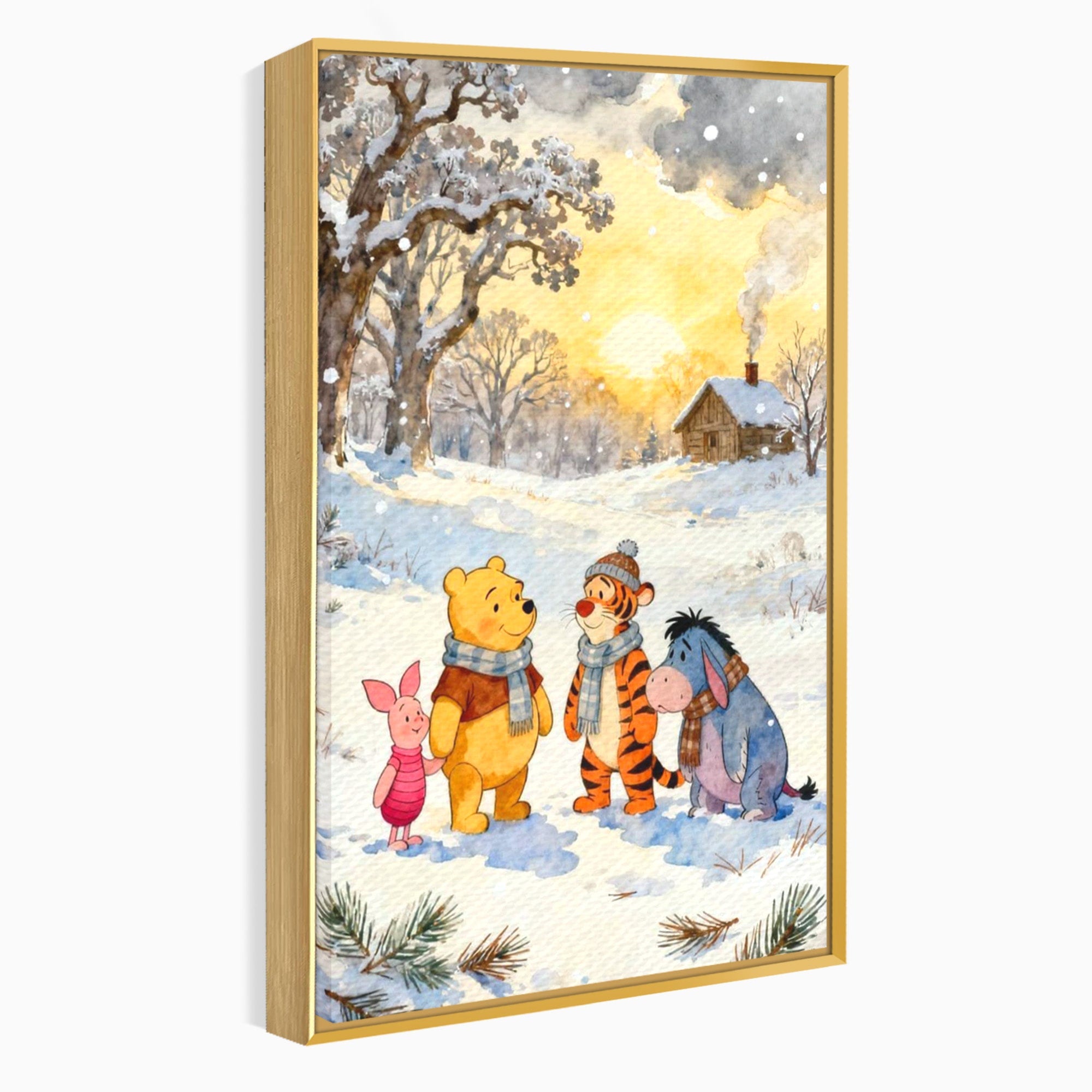 Tablou Canvas Premium LuxCanva® PI1358, Magia Iernii cu Winnie, Padure, Prietenie, Desene Animate, Natura, Copii, Culori Vibrante, Dormitor, Camera Copii