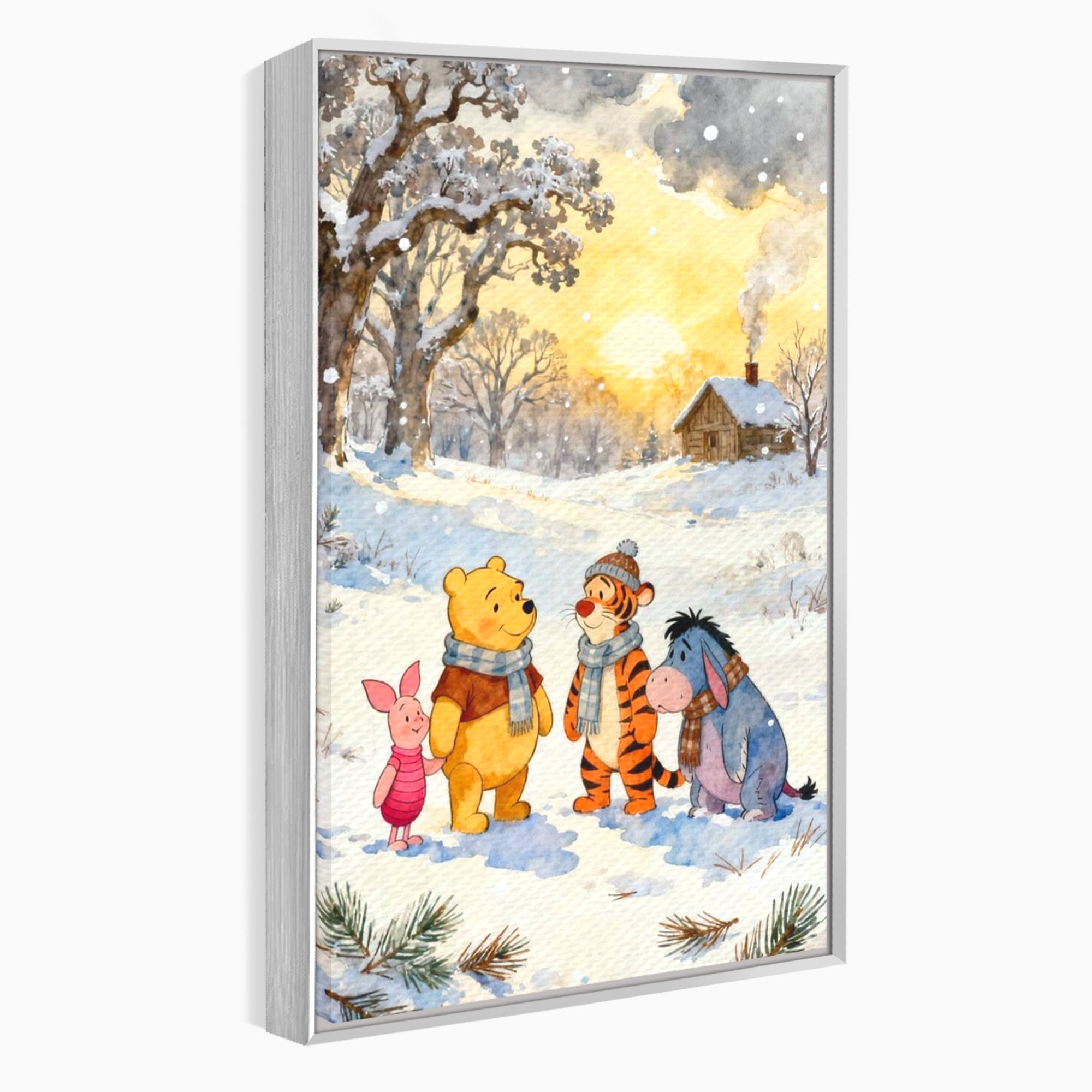 Tablou Canvas Premium LuxCanva® PI1358, Magia Iernii cu Winnie, Padure, Prietenie, Desene Animate, Natura, Copii, Culori Vibrante, Dormitor, Camera Copii