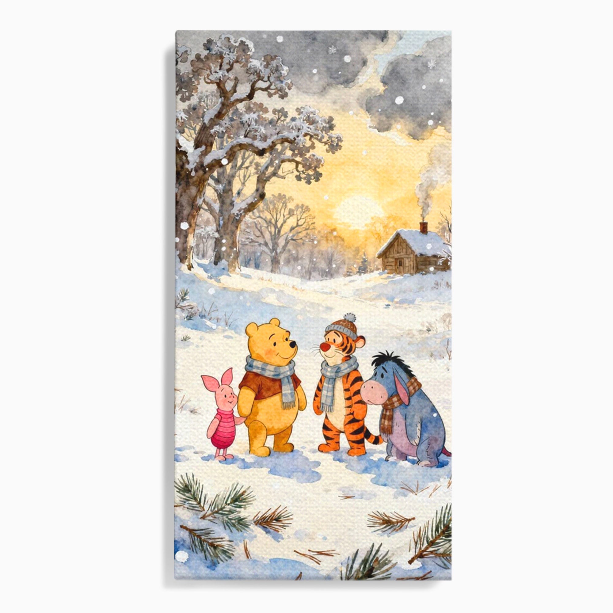 Tablou Canvas Premium LuxCanva® PI1358, Magia Iernii cu Winnie, Padure, Prietenie, Desene Animate, Natura, Copii, Culori Vibrante, Dormitor, Camera Copii