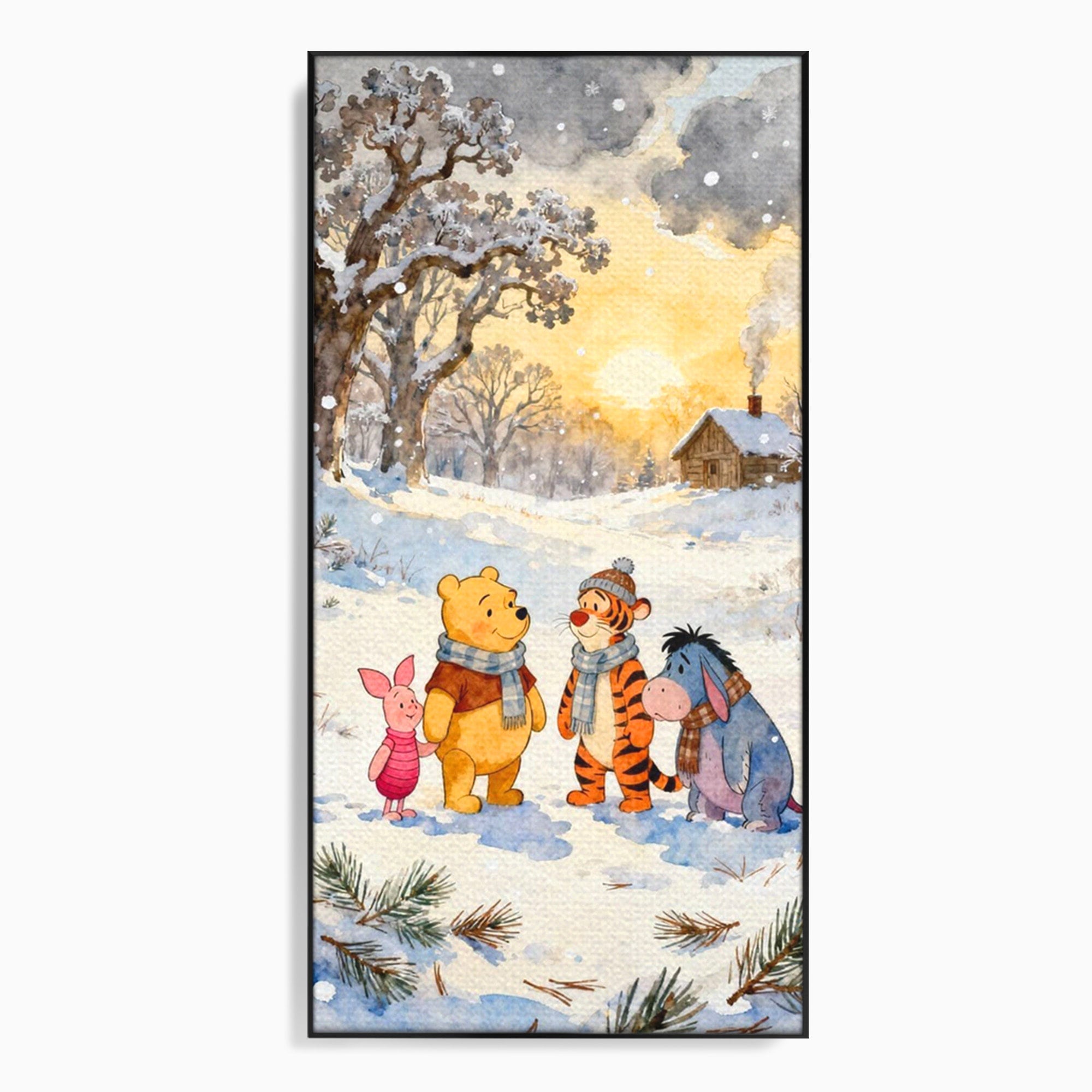 Tablou Canvas Premium LuxCanva® PI1358, Magia Iernii cu Winnie, Padure, Prietenie, Desene Animate, Natura, Copii, Culori Vibrante, Dormitor, Camera Copii