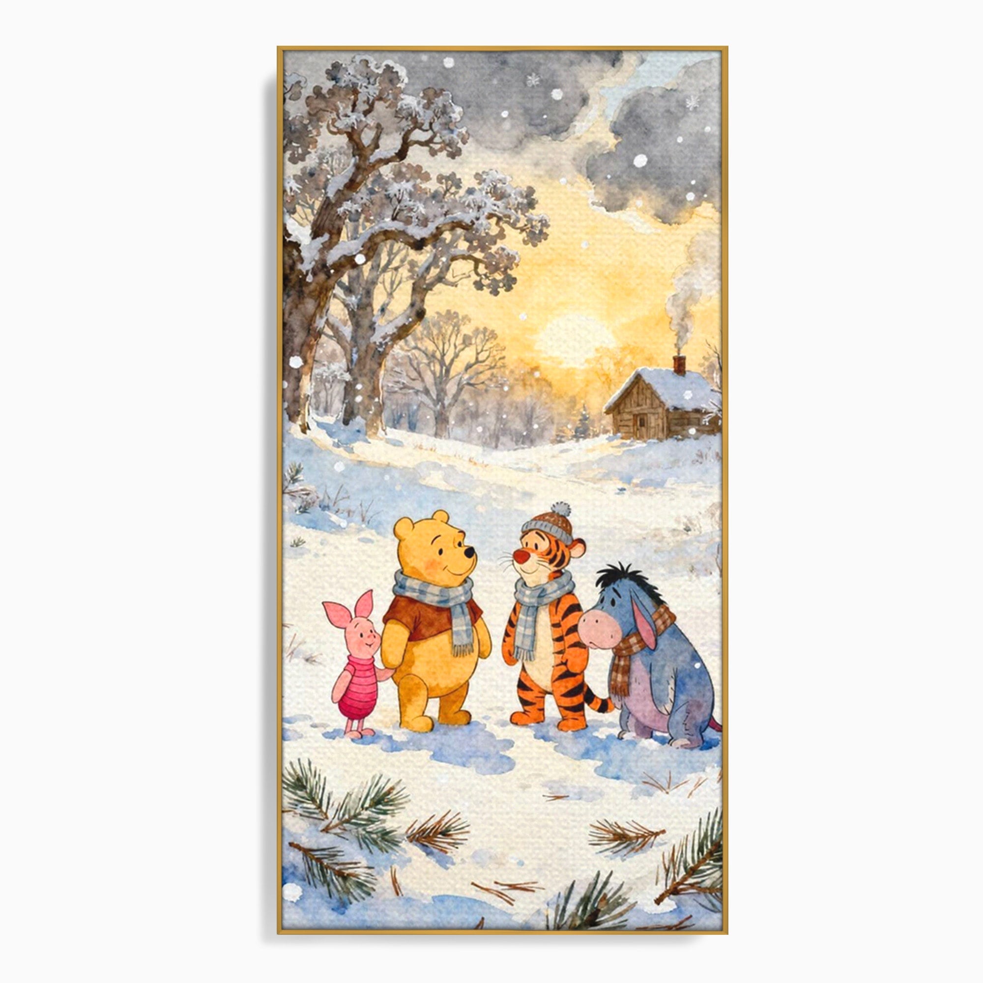 Tablou Canvas Premium LuxCanva® PI1358, Magia Iernii cu Winnie, Padure, Prietenie, Desene Animate, Natura, Copii, Culori Vibrante, Dormitor, Camera Copii