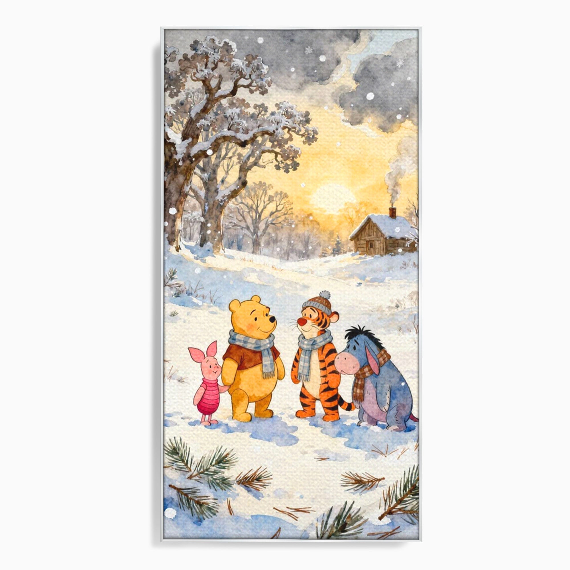 Tablou Canvas Premium LuxCanva® PI1358, Magia Iernii cu Winnie, Padure, Prietenie, Desene Animate, Natura, Copii, Culori Vibrante, Dormitor, Camera Copii