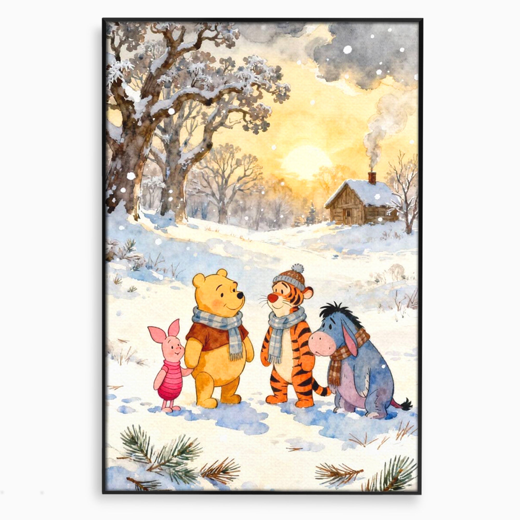 Tablou Canvas Premium LuxCanva® PI1358, Magia Iernii cu Winnie, Padure, Prietenie, Desene Animate, Natura, Copii, Culori Vibrante, Dormitor, Camera Copii