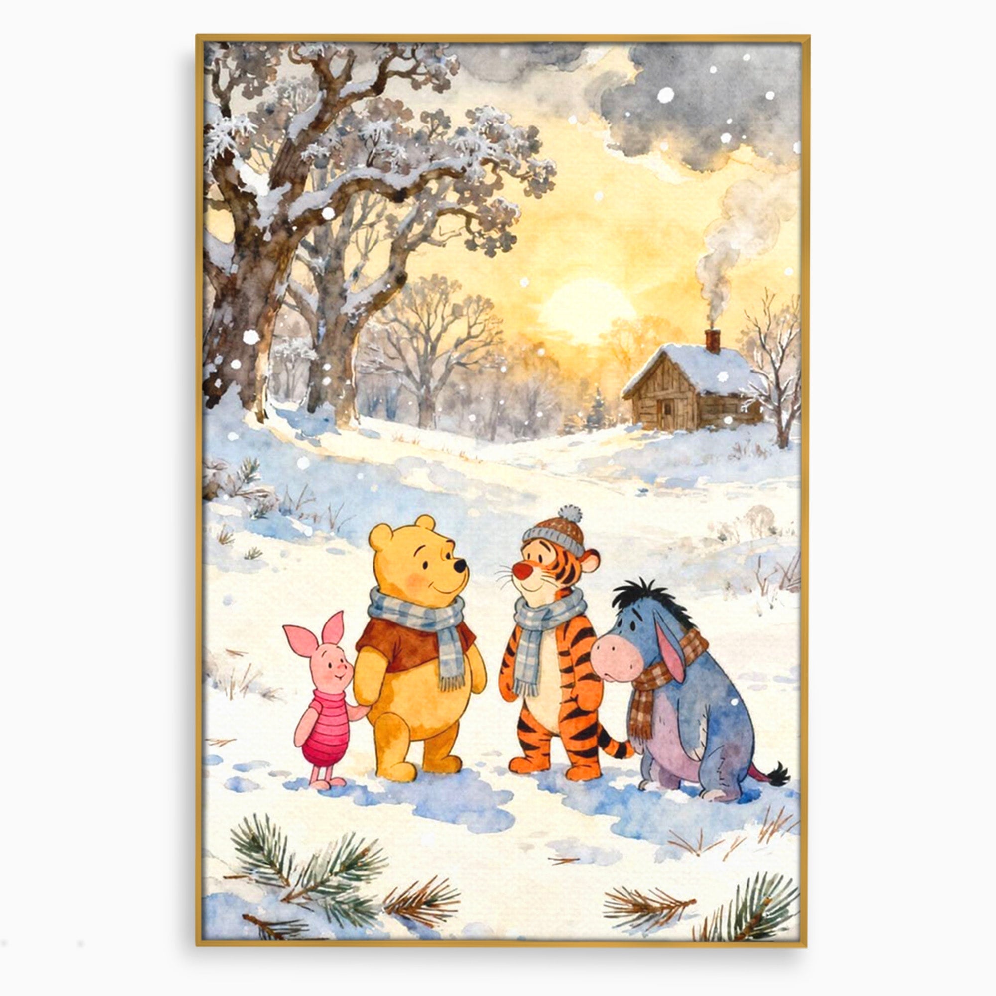 Tablou Canvas Premium LuxCanva® PI1358, Magia Iernii cu Winnie, Padure, Prietenie, Desene Animate, Natura, Copii, Culori Vibrante, Dormitor, Camera Copii