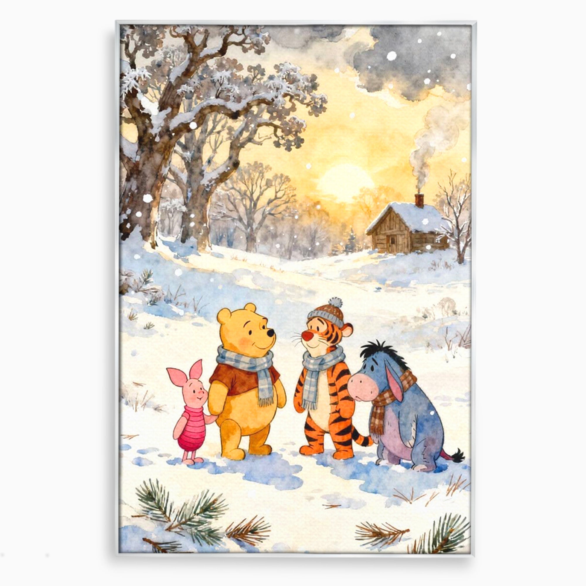 Tablou Canvas Premium LuxCanva® PI1358, Magia Iernii cu Winnie, Padure, Prietenie, Desene Animate, Natura, Copii, Culori Vibrante, Dormitor, Camera Copii