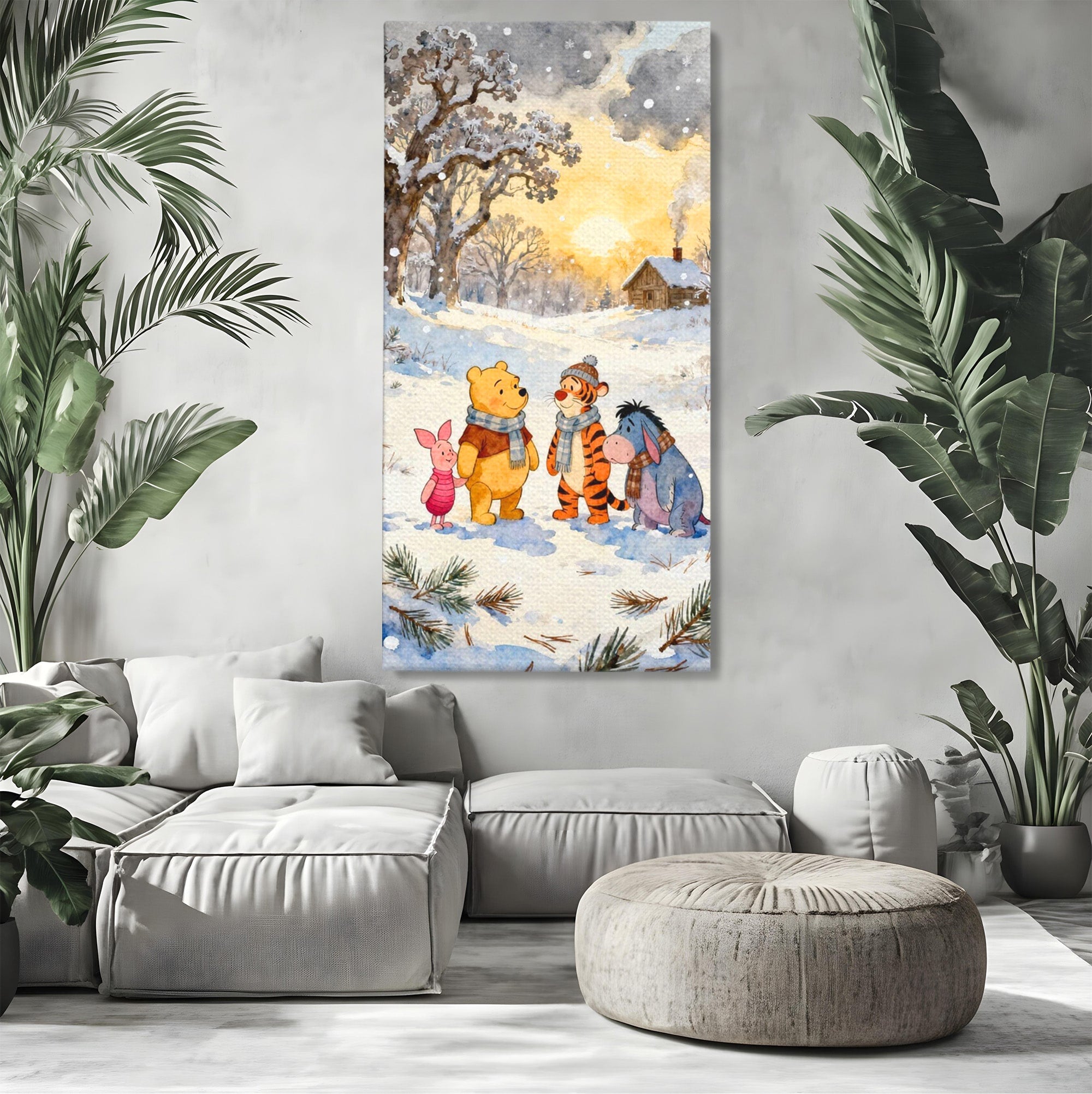 Tablou Canvas Premium LuxCanva® PI1358, Magia Iernii cu Winnie, Padure, Prietenie, Desene Animate, Natura, Copii, Culori Vibrante, Dormitor, Camera Copii