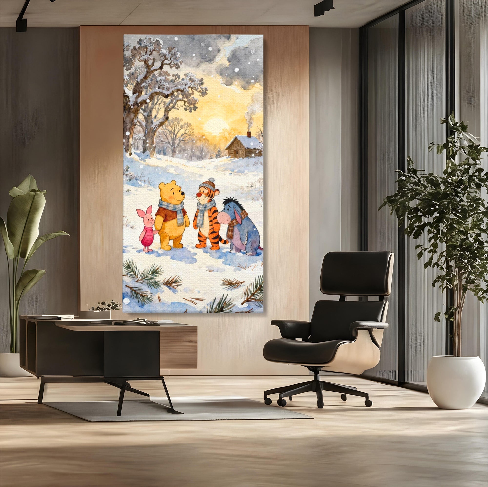 Tablou Canvas Premium LuxCanva® PI1358, Magia Iernii cu Winnie, Padure, Prietenie, Desene Animate, Natura, Copii, Culori Vibrante, Dormitor, Camera Copii