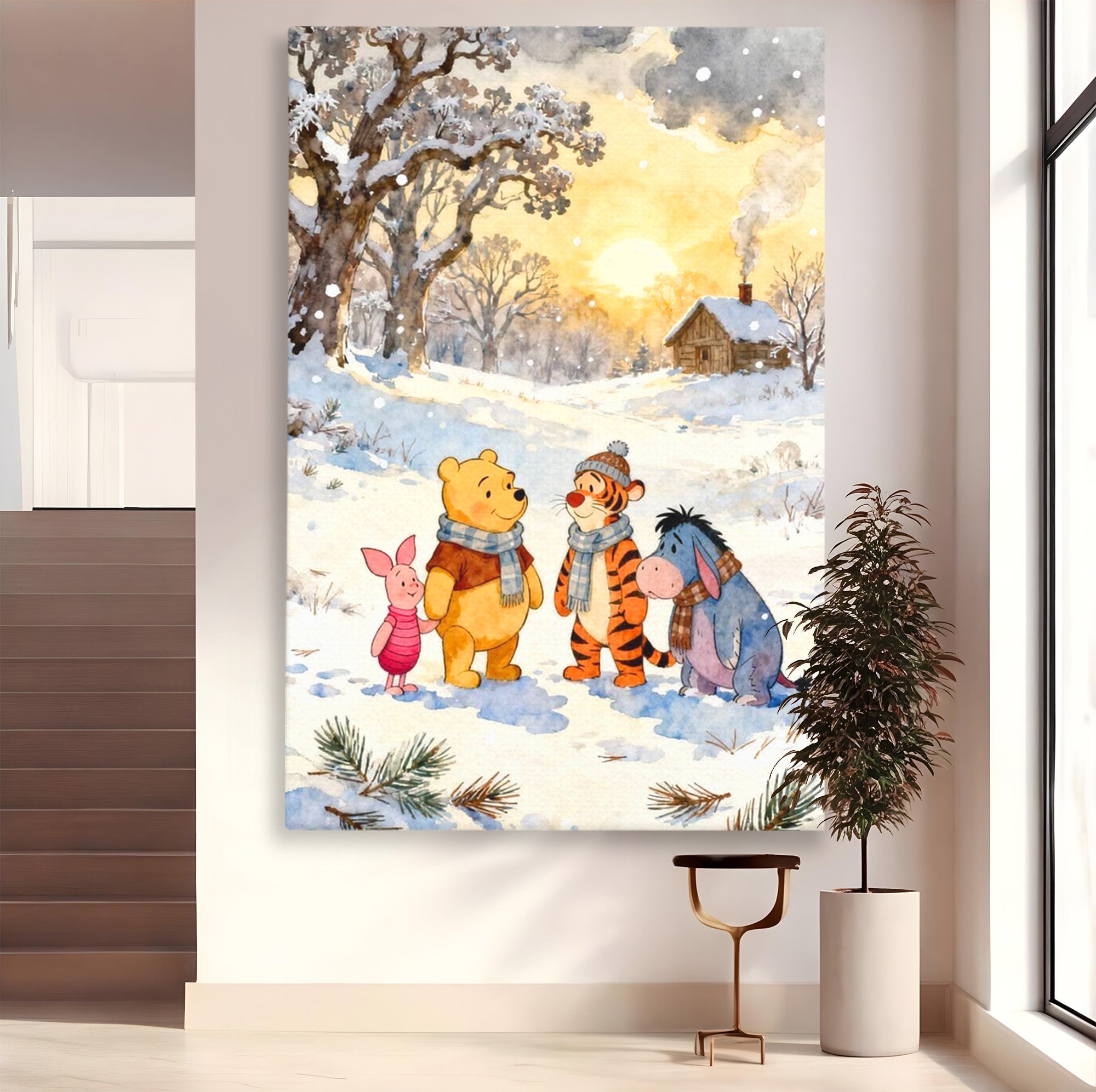 Tablou Canvas Premium LuxCanva® PI1358, Magia Iernii cu Winnie, Padure, Prietenie, Desene Animate, Natura, Copii, Culori Vibrante, Dormitor, Camera Copii