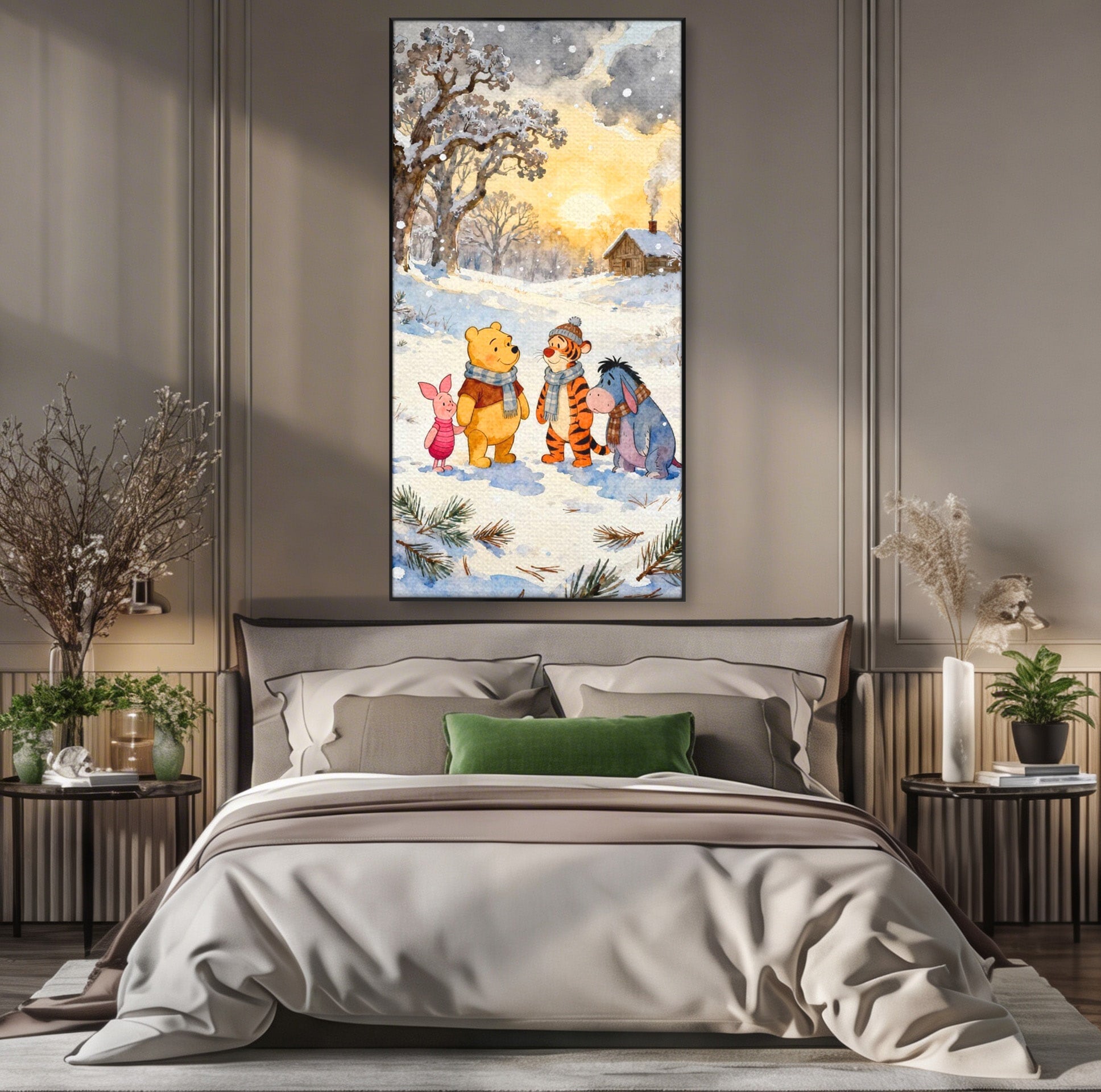 Tablou Canvas Premium LuxCanva® PI1358, Magia Iernii cu Winnie, Padure, Prietenie, Desene Animate, Natura, Copii, Culori Vibrante, Dormitor, Camera Copii