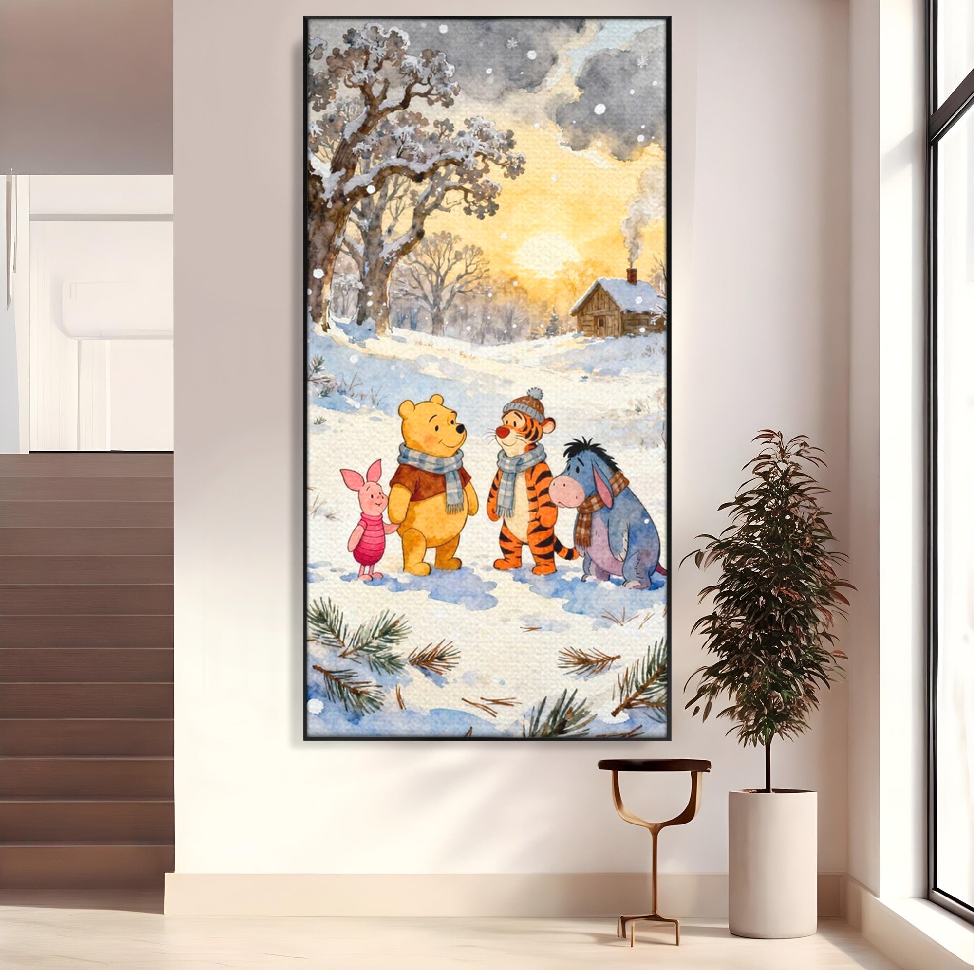 Tablou Canvas Premium LuxCanva® PI1358, Magia Iernii cu Winnie, Padure, Prietenie, Desene Animate, Natura, Copii, Culori Vibrante, Dormitor, Camera Copii