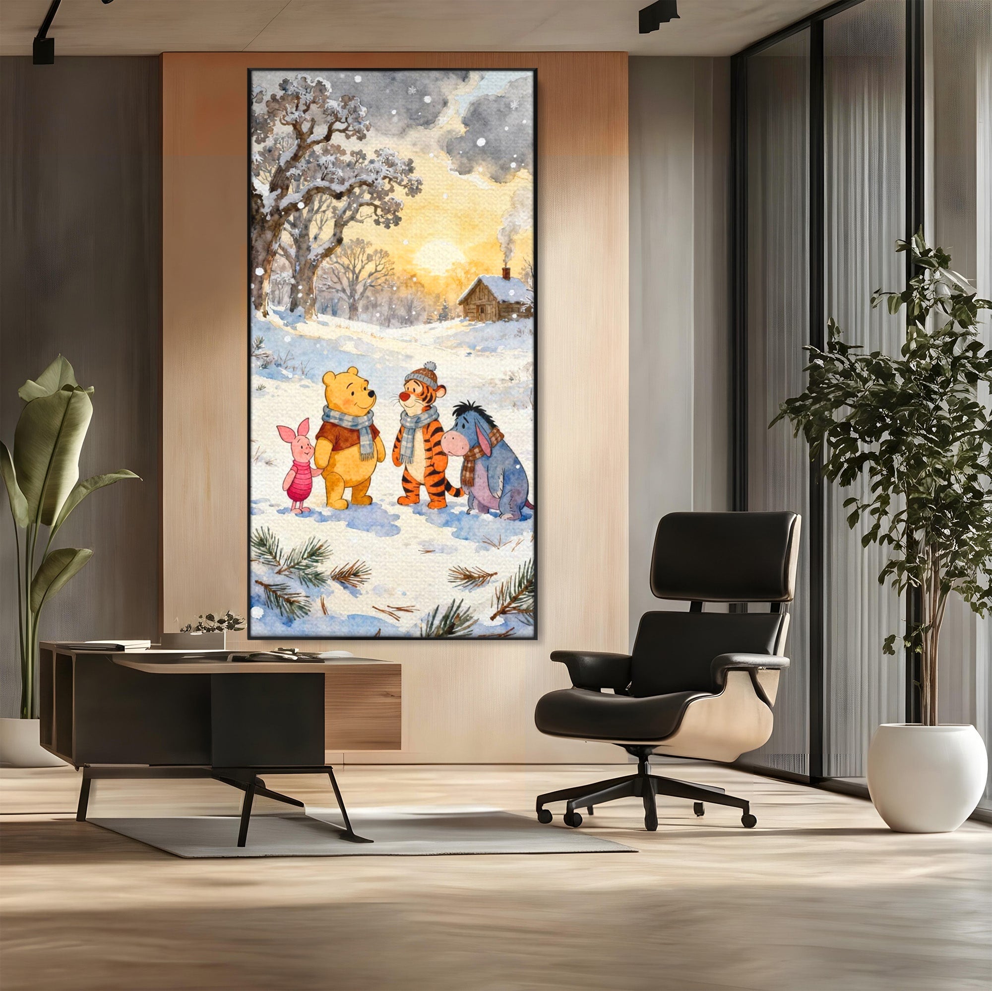 Tablou Canvas Premium LuxCanva® PI1358, Magia Iernii cu Winnie, Padure, Prietenie, Desene Animate, Natura, Copii, Culori Vibrante, Dormitor, Camera Copii