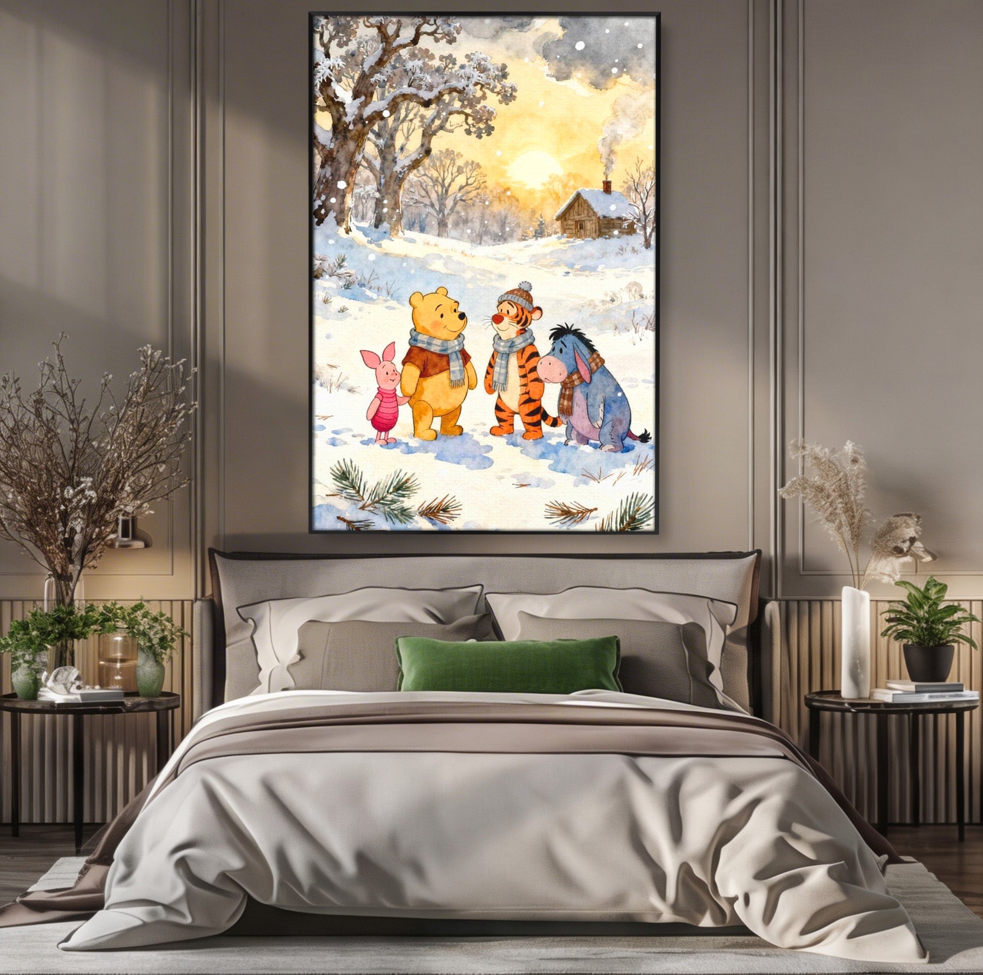 Tablou Canvas Premium LuxCanva® PI1358, Magia Iernii cu Winnie, Padure, Prietenie, Desene Animate, Natura, Copii, Culori Vibrante, Dormitor, Camera Copii