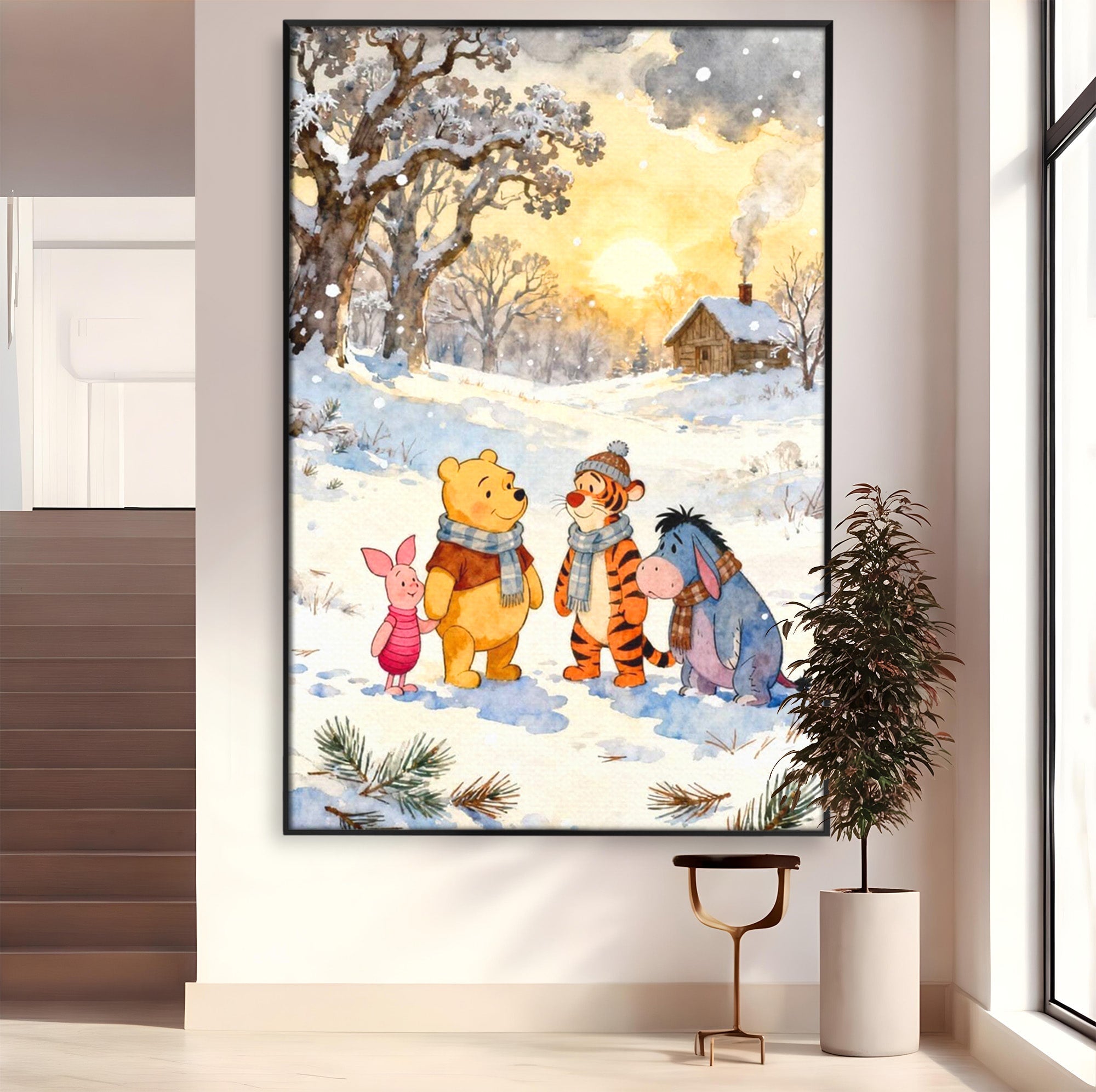 Tablou Canvas Premium LuxCanva® PI1358, Magia Iernii cu Winnie, Padure, Prietenie, Desene Animate, Natura, Copii, Culori Vibrante, Dormitor, Camera Copii