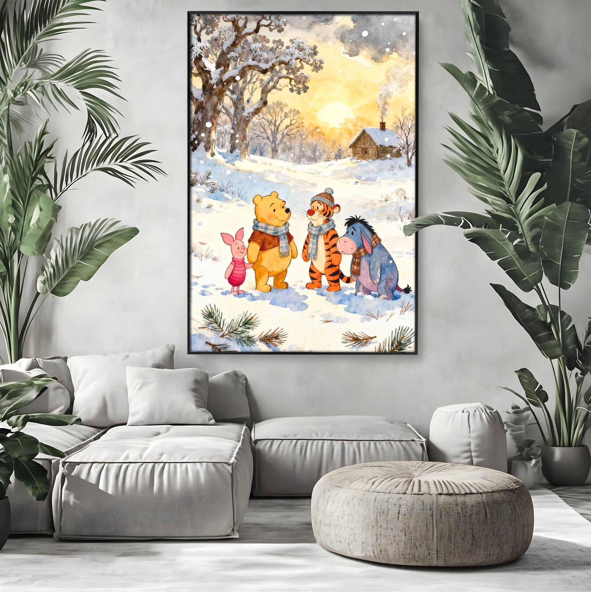 Tablou Canvas Premium LuxCanva® PI1358, Magia Iernii cu Winnie, Padure, Prietenie, Desene Animate, Natura, Copii, Culori Vibrante, Dormitor, Camera Copii